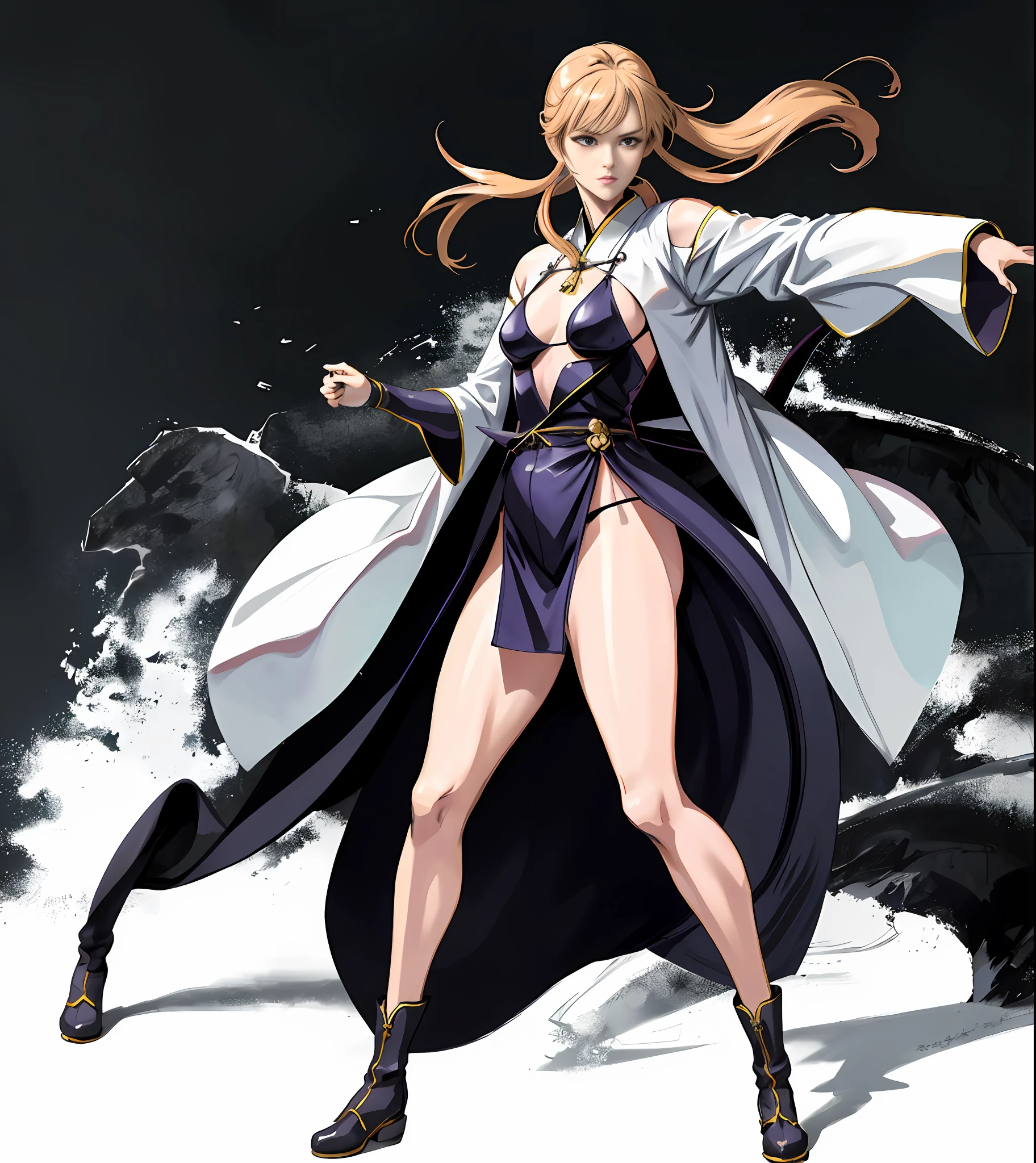 Masterpiece, 4k anime, anime painting of a female warrior in hanfu and robes, plump, slender and well-proportioned perfect body, realistic hanfu, wearing boots, combat posture study, full body, dress: bikini and hanfu, female image, martial arts anime style, color sketch, sketch art style, anime art, digital anime, super high resolution, realistic proportions SFW, hands on her body pose! , full body combat pose, gesture drawing, fine sketching, full body portrait, anime painting