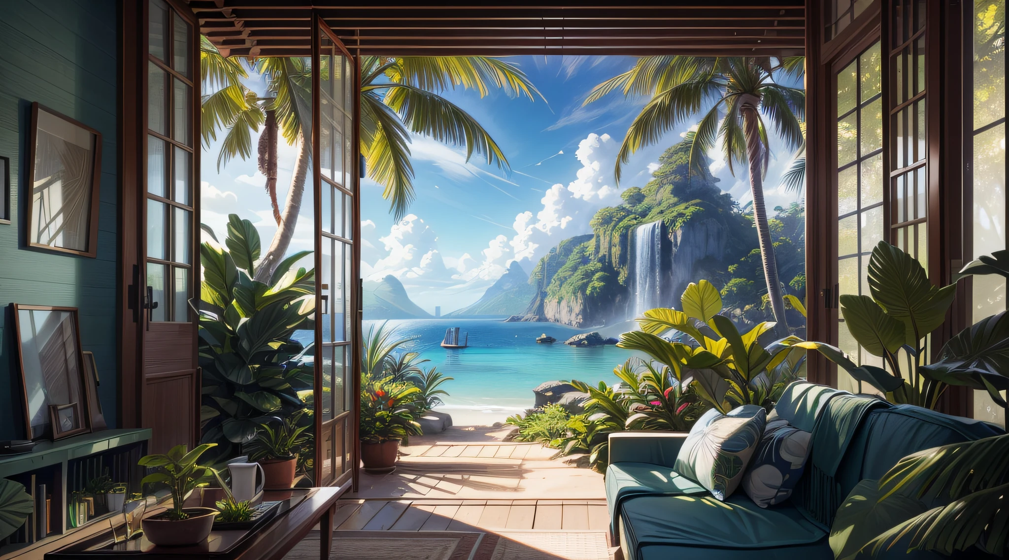 (Best quality),(masterpiece),(ultra detailed),(high detailed),(extremely detailed),A verdant and humid tropical island covered in plants, sunlight, eye-catching details, beautiful simple modern architecture, serene, cinematic, hyperreal, octane render