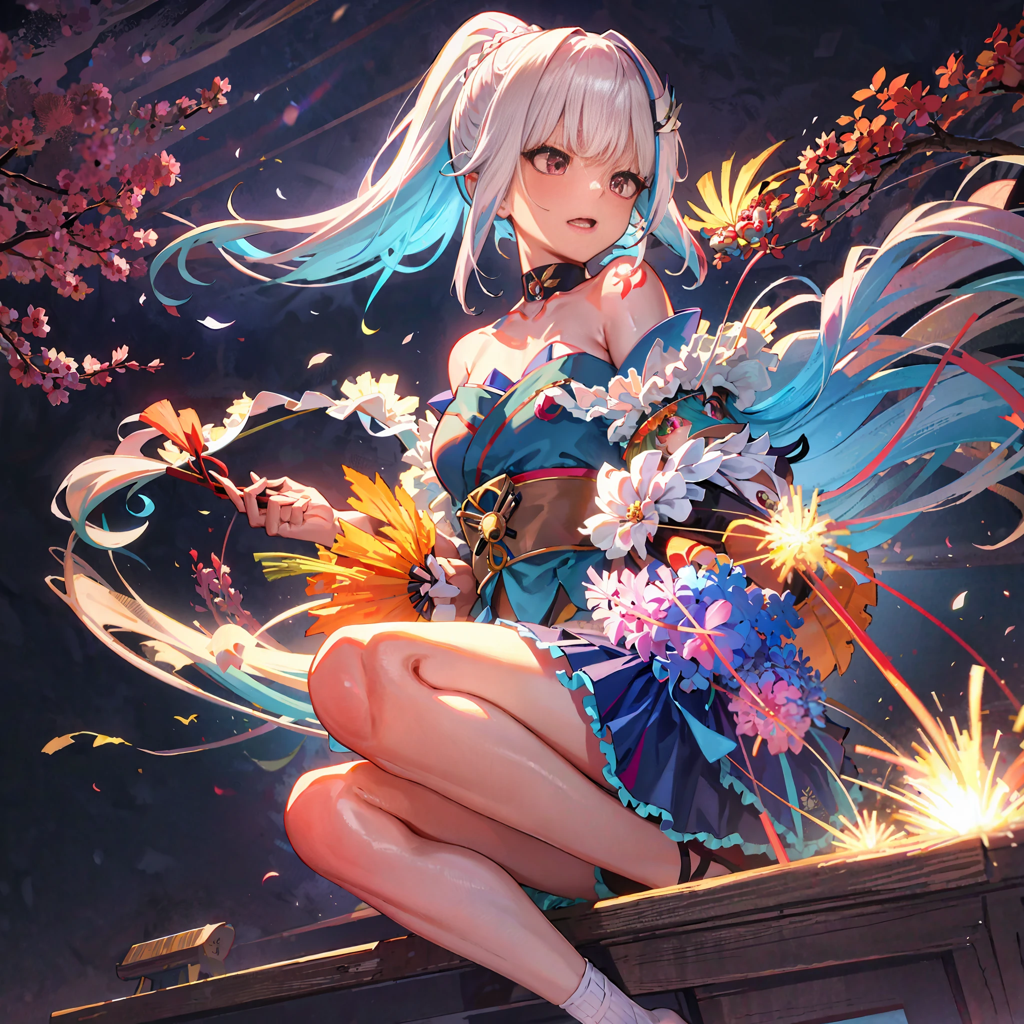 masterpiece, Extreme, Hi-Res, 1girl, Medium hair, Asymmetrical hair, Floating hair, Hair between the eyes, High ponytail, Side hair, Hair accessories, Fish hair accessories, Tassels, Kanzashi, Bangs, Pink eyes, Open mouth, Smile, Teeth, upper teeth only, Collar, Red collar, Choker, Butterfly collar, Clavicle, Tattoo on chest, Flower tattoo, Cleavage, Medium breast, Thigh, Bandage, Leg bandage, Sarashi Budget sarashi, Boobs Sarashi, Black belt, Hadanuki Dosuji, Hōreki, Japanese clothing, Kimono, Kinchagaku, Obi, Obi jime, Orange kimono, Pouch, Printed kimono, Rope, Belt, Shimenawa, Short kimono, Bare shoulders, Visionary (Genshin Impact), East Asian architecture, cherry blossoms, whole body, crouching, fireworks, fireworks, fireworks, night, fireworks, fireworks, legs together, feet together, feet, single gloves, single Show only finger gloves, wristbands and black socks,