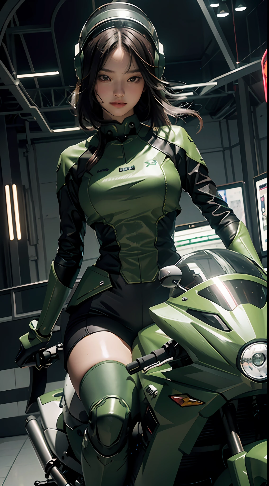 Highest image quality, outstanding details, ultra-high resolution, (realism: 1.4), the best illustration, favor details, highly condensed 1girl, with a delicate and beautiful face, dressed in a black and green mecha, wearing a mecha helmet, holding a directional controller, riding on a motorcycle, the background is a high-tech lighting scene of the future city.