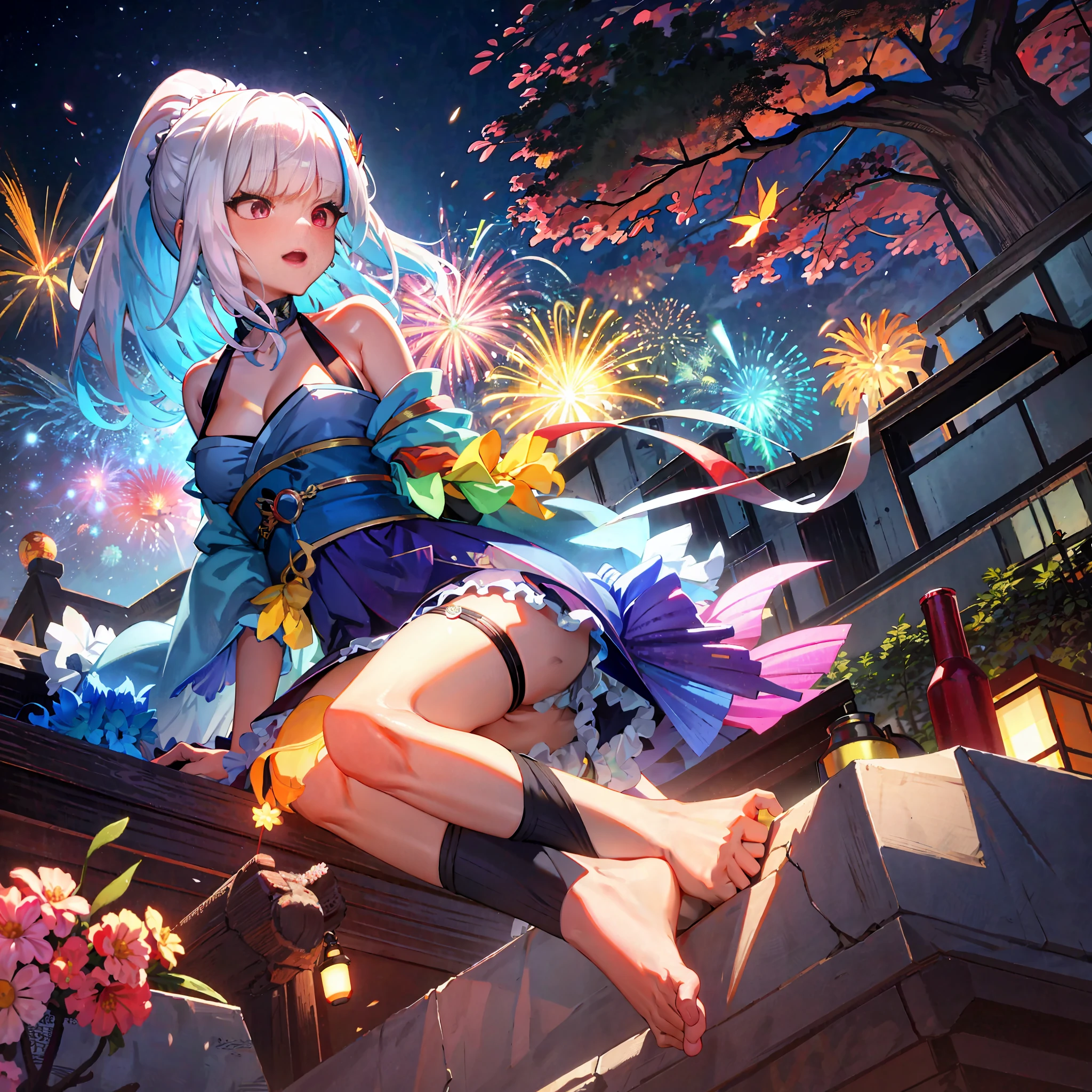 masterpiece, Extreme, Hi-Res, 1girl, Medium hair, Asymmetrical hair, Floating hair, Hair between the eyes, High ponytail, Side hair, Hair accessories, Fish hair accessories, Tassels, Kanzashi, Bangs, Pink eyes, Open mouth, Smile, Teeth, upper teeth only, Collar, Red collar, Choker, Butterfly collar, Clavicle, Tattoo on chest, Flower tattoo, Cleavage, Medium breast, Thigh, Bandage, Leg bandage, Sarashi Budget sarashi, Boobs Sarashi, Black belt, Hadanuki Dosuji, Hōreki, Japanese clothing, Kimono, Kinchagaku, Obi, Obi jime, Orange kimono, Pouch, Printed kimono, Rope, Belt, Shimenawa, Short kimono, Bare shoulders, Visionary (Genshin Impact), East Asian architecture, cherry blossoms, whole body, crouching, fireworks, fireworks, fireworks, night, fireworks, fireworks, legs together, feet together, feet, single gloves, single Show only finger gloves, wristbands and black socks,