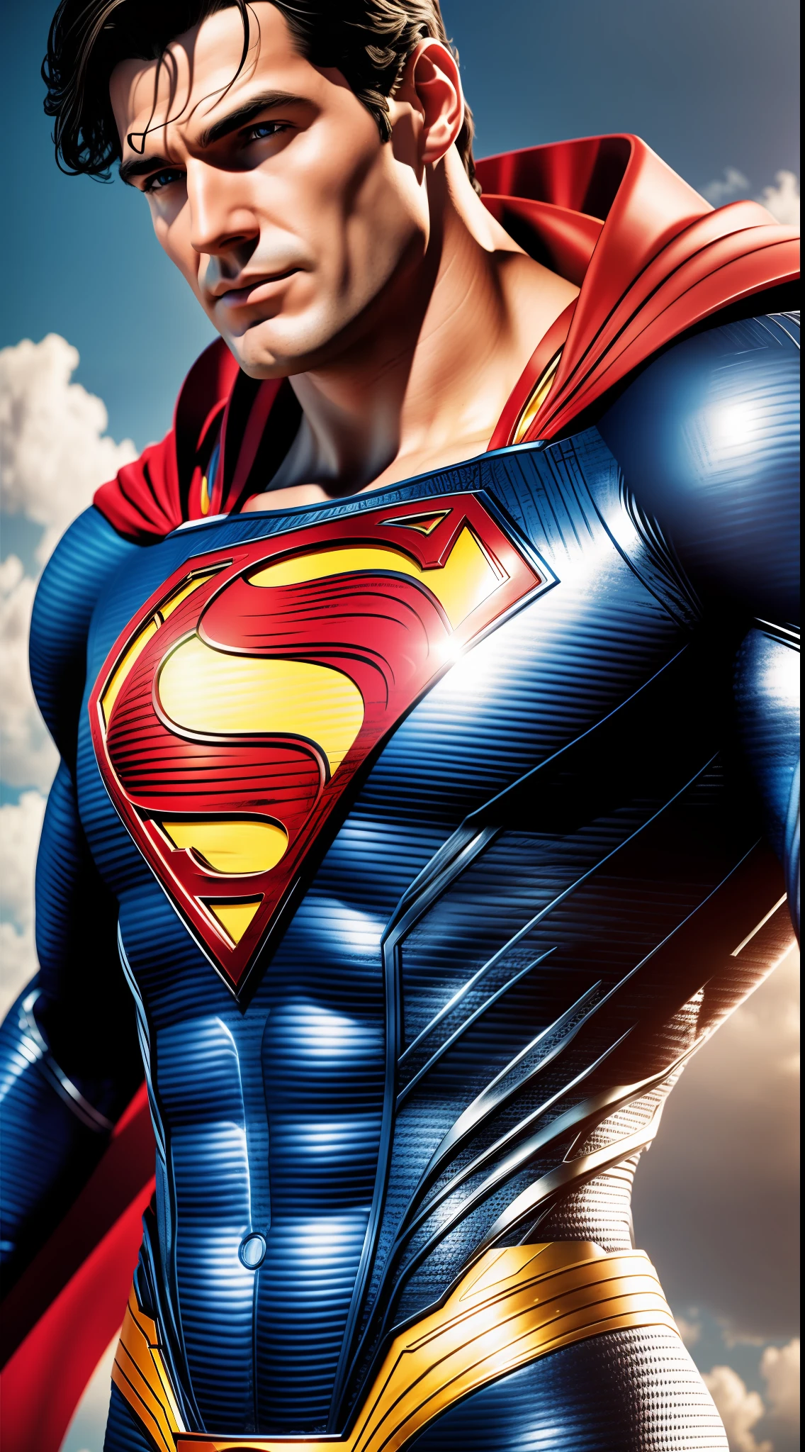 superman, photography, whole body, background a sky full of clouds, soft lighting, soft details, octane, artstation trend, ultra high detail, ultra realistic, cinematic, 16k