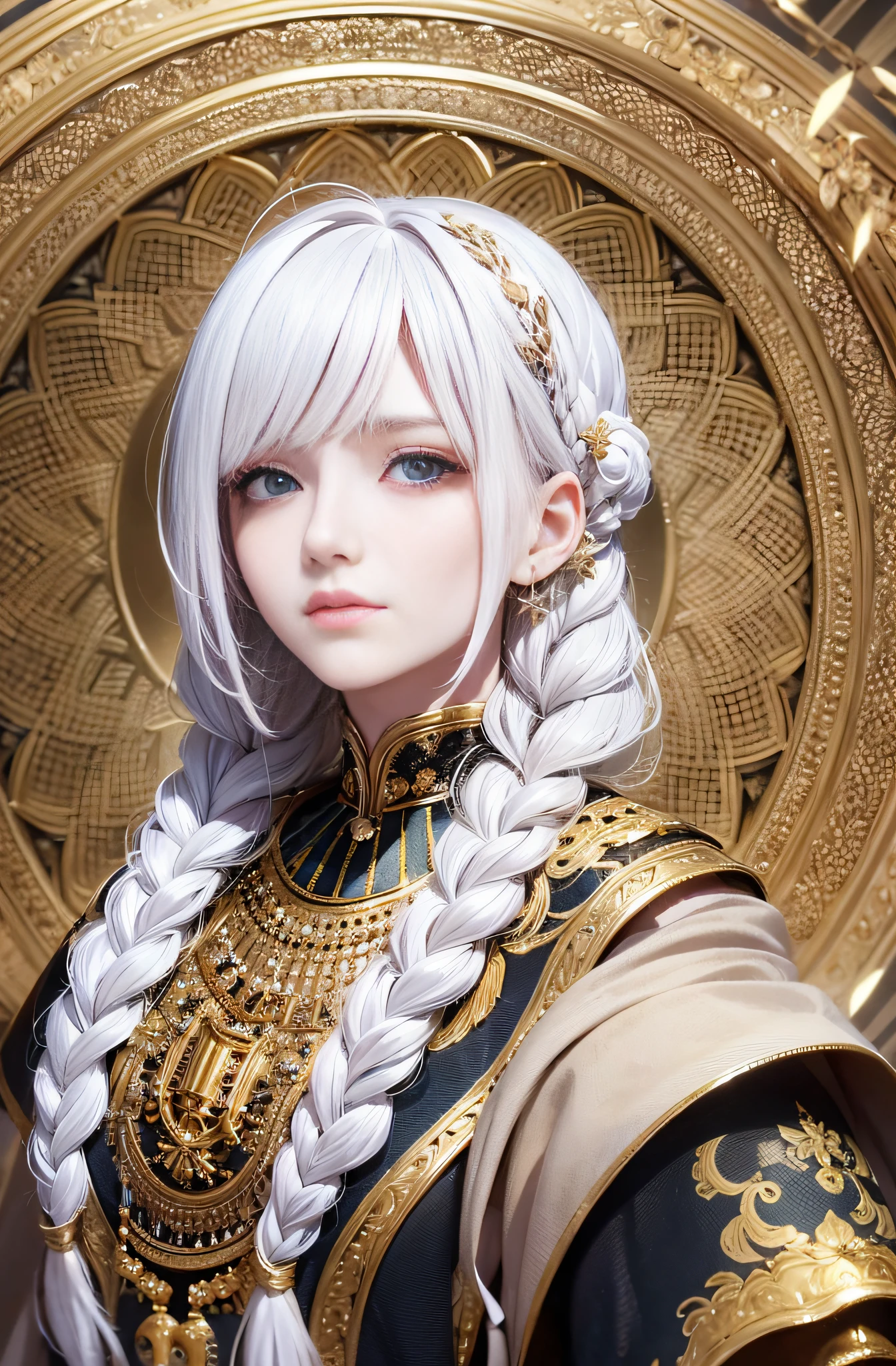 best quality, masterpiece,white hair, gold eyes,white clothes, looking up, upper body,hair strand,Fair skin,side braids