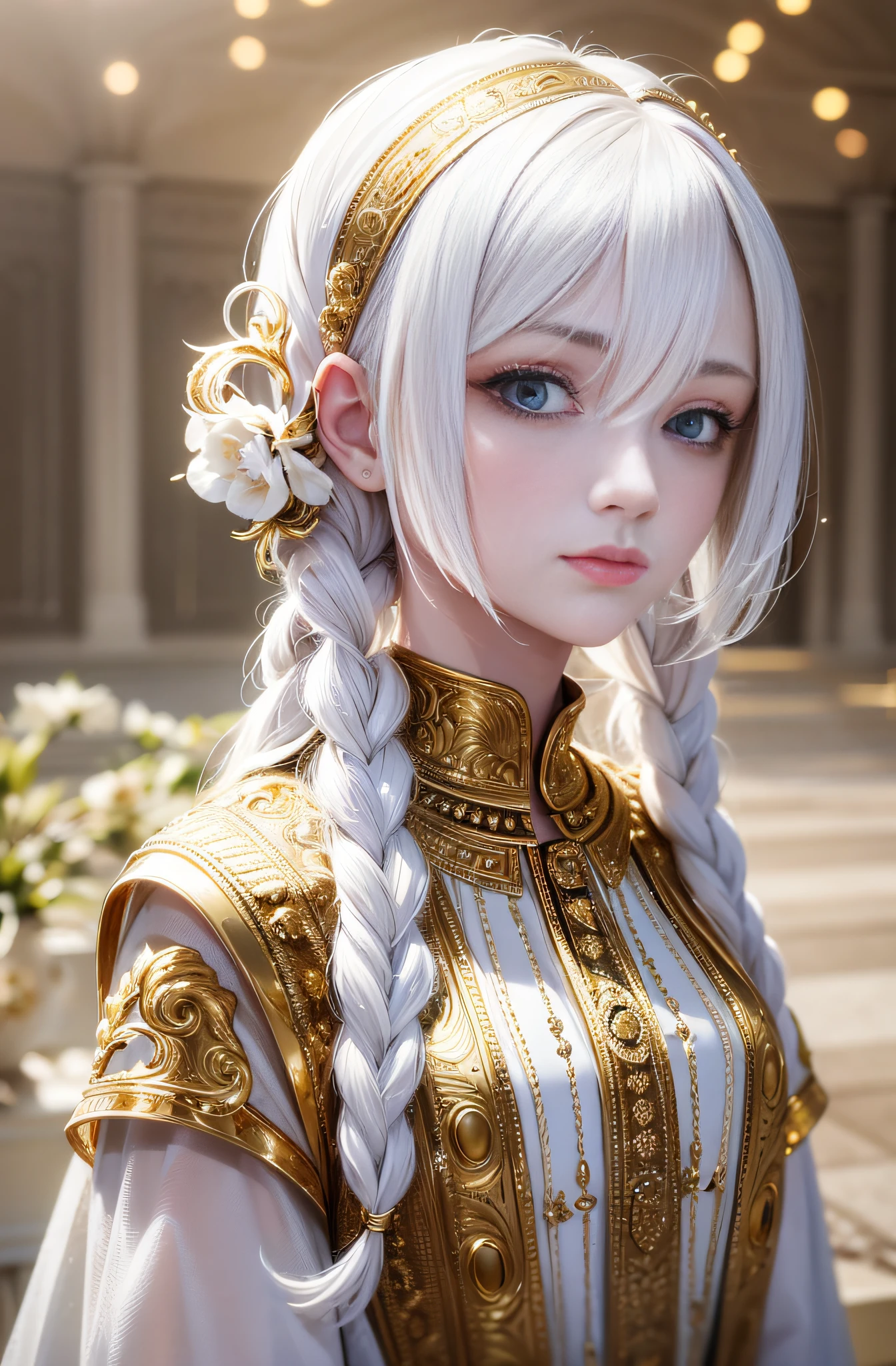 best quality, masterpiece,white hair, gold eyes,white clothes, looking up, upper body,hair strand,Fair skin,side braids