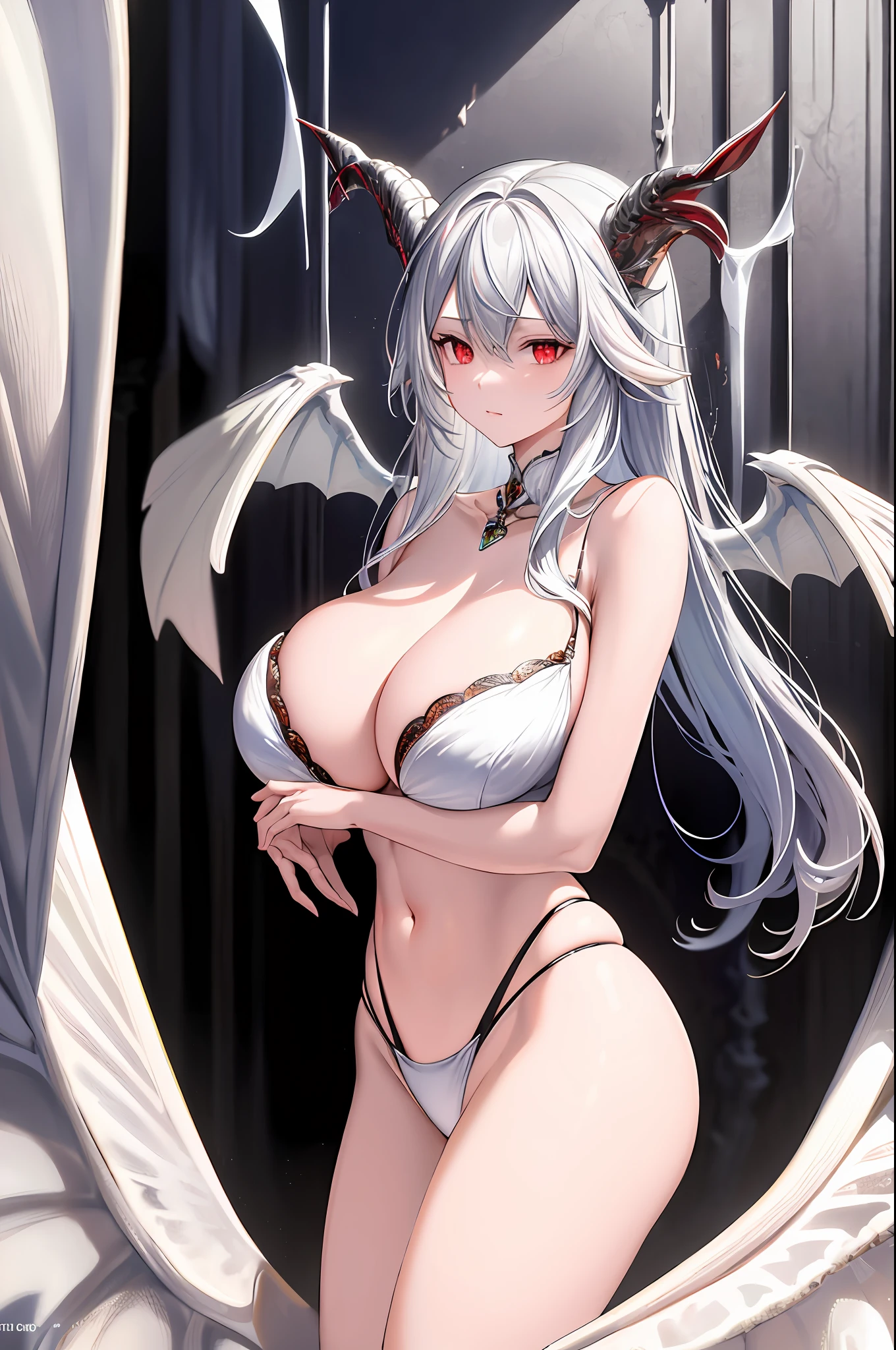 masterpiece, best quality, finely detailed, high resolution, extremely delicate and beautiful, 1girl, silver hair, red eyes, dragon horns, (huge breasts:1.3), (narrow waist), (wide hips), mystical and fantastic space, (bikini:1.2), wings, towel