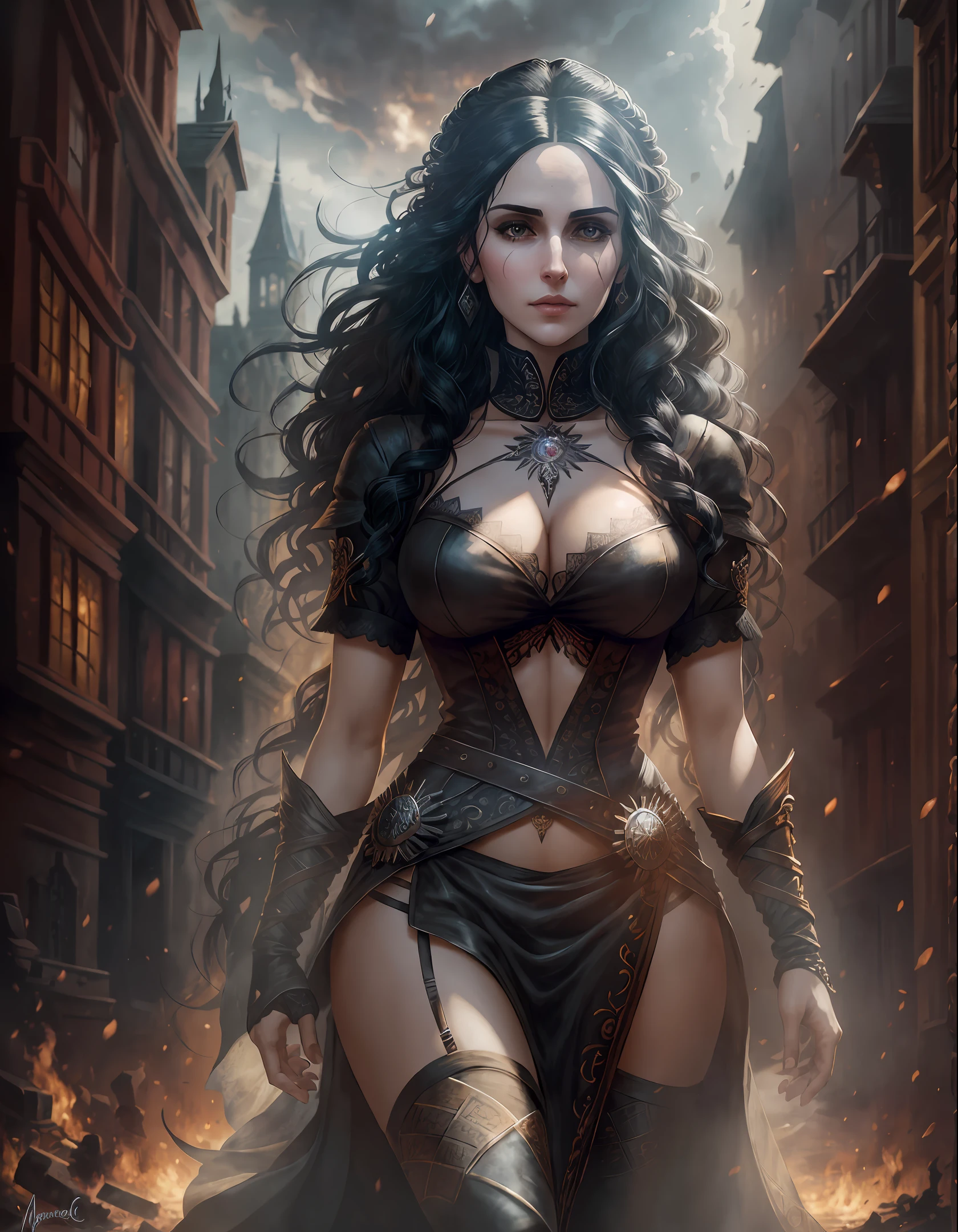 a thorough and realistic depiction of the character Yennefer de Vengerberg, played by the talented actress Anya Chalotra. His piercing gaze captures the viewer's attention, conveying his nationality and power. Her black hair flutters in the wind, framing her angelic face. Wearing Yennefer's original outfit, every detail is meticulously reproduced, from the intricate patterns to the signature adornments. The image shows Yennefer in full body, in an environment of an abandoned medieval city in flames, adding an element of tension and danger. --auto --s2