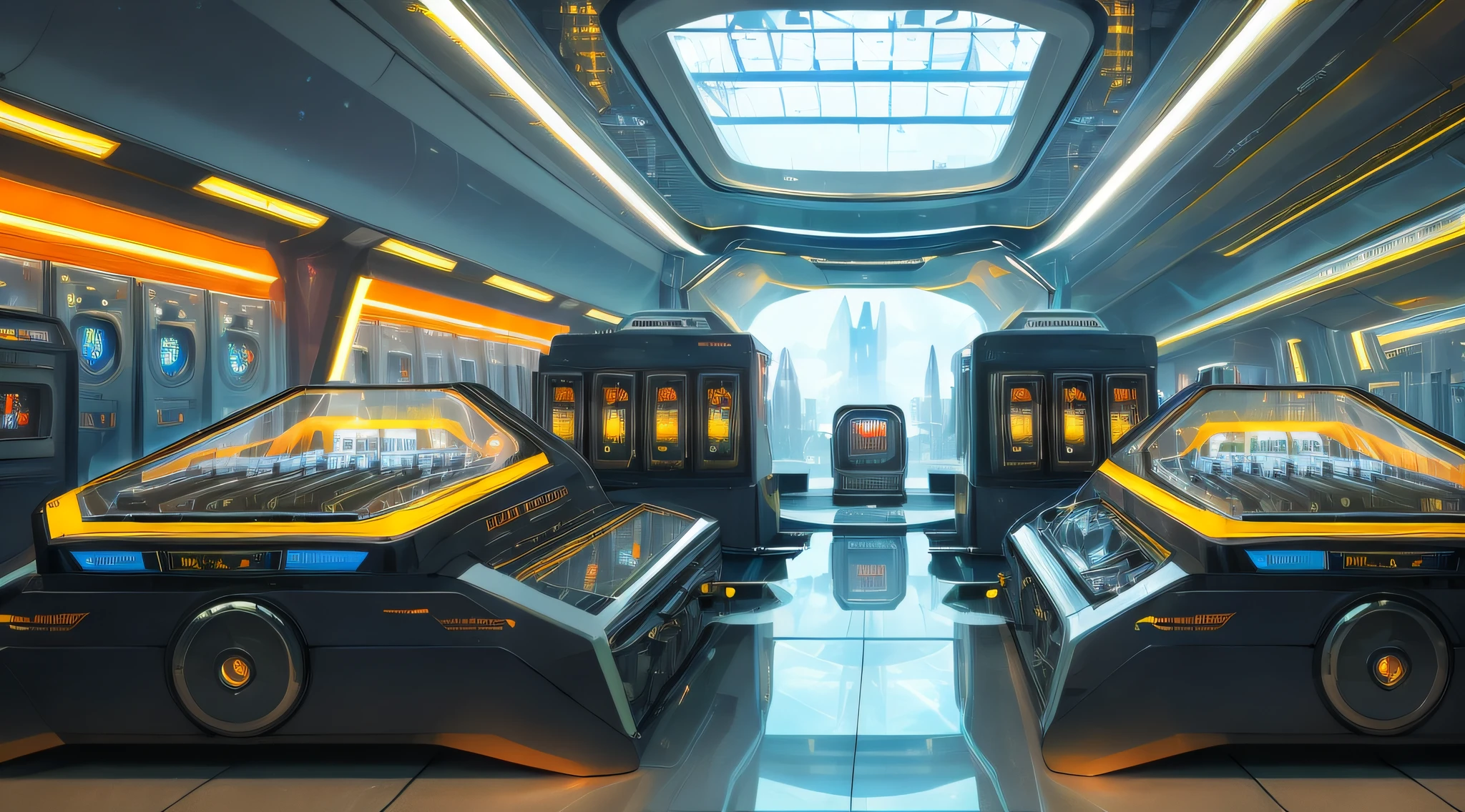 (Best quality),(masterpiece),(ultra detailed),(high detailed),(extremely detailed),futuristic sci fi display, intricate display case, racks of dusty machines and contrabassives, massive glass front space, massive glass back space, floor of huge dusty machines, floor of dusty machines, Chinese style steam-plate-washing machines, space in the background, you get the picture, city in the background, futuristic