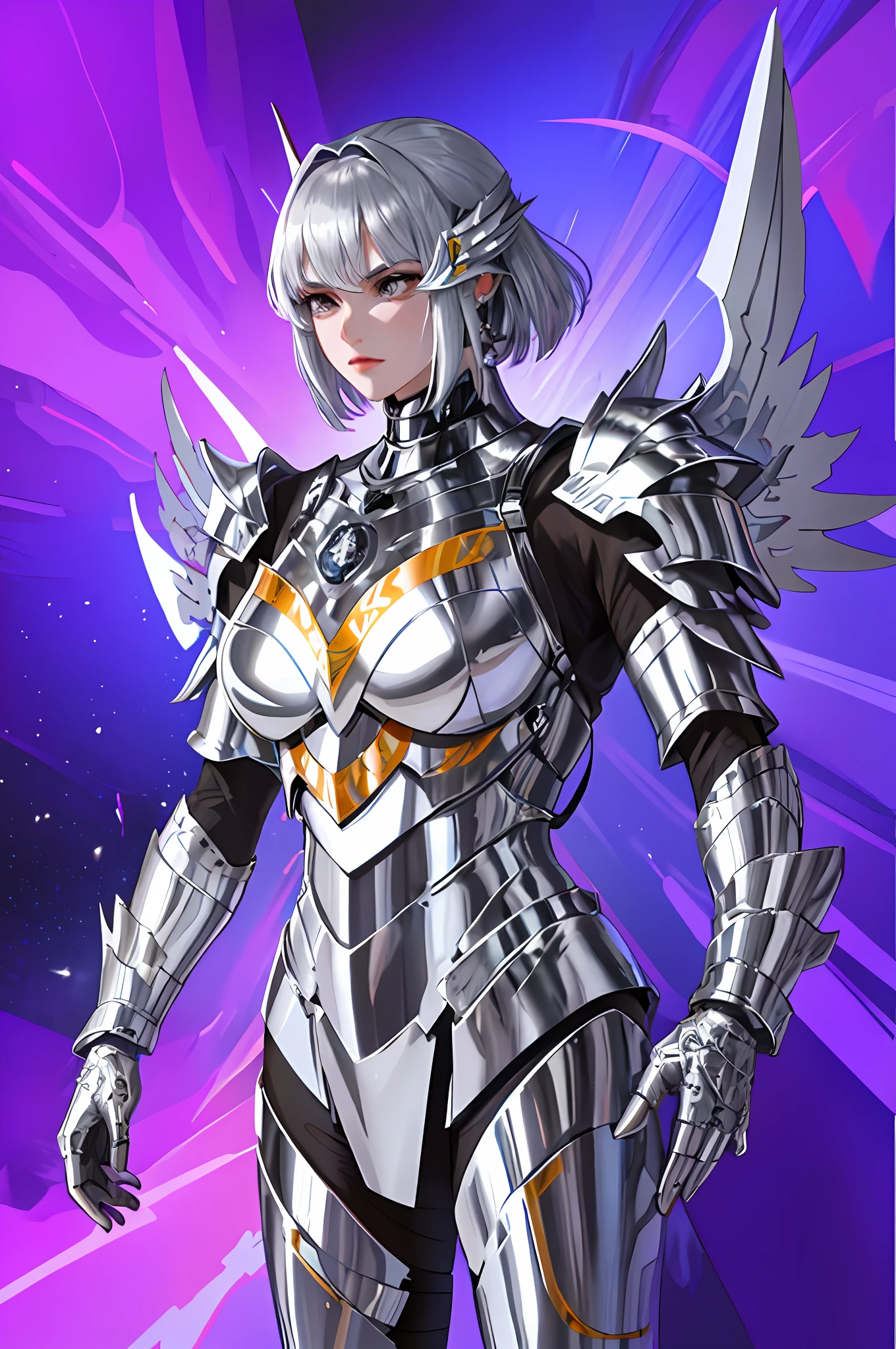 Female warrior, covered with full silver armor, silver cyber armor, cyber Japanese armor, silver sharp streamlined armor, network Japanese style armor, smooth silver armor, tokutsu, tokutsu suit vaporwave, sharp silver armor, gever style, smooth silver metal armor, metal wings