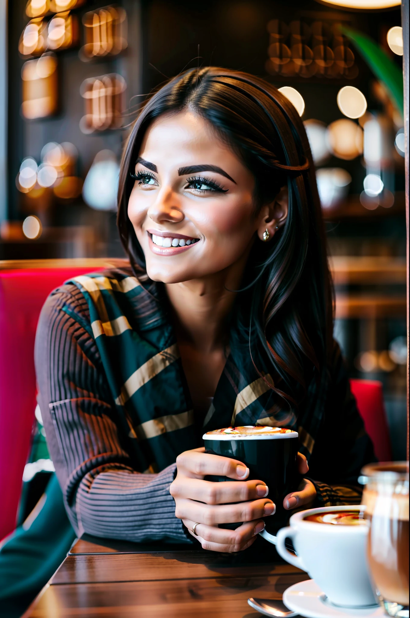 beautiful woman sitting in traditional coffee shop, drinking coffee, moody coffee shop, modern moody coffee shop background, woman looking cheerful https://s.mj.run/3zU6-2D94Po --ar 2:3