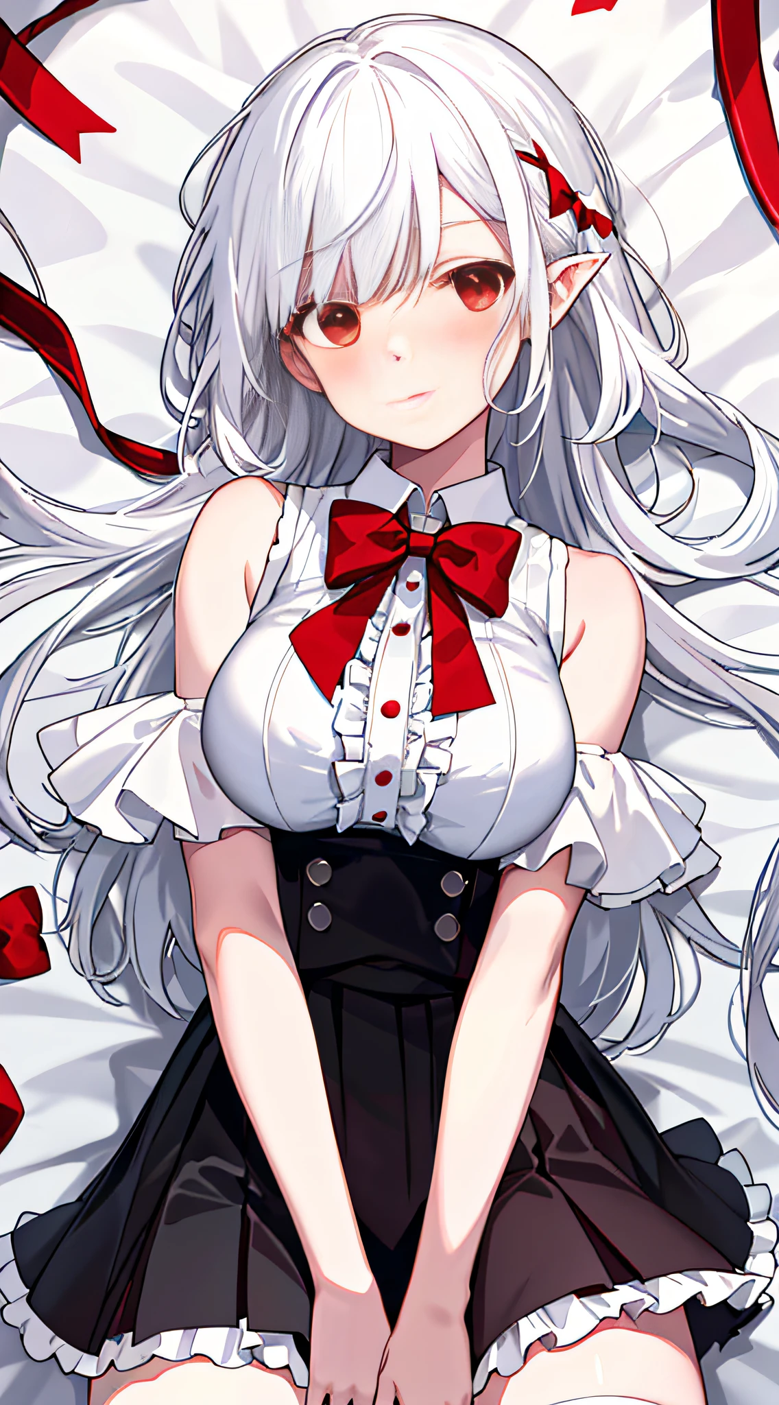 White hair, pointed ears, alternating clothing, breasts, 1 girl, hide from sight, red eyes, dress lift, blush, black short skirt, bangs, cramped room, lying on bed, red bow tie, solo, upper body, breast enlargement, shut up, white hair, bow tie, frills, long hair, bow tie, red bow, short skirt, bare shoulders, wet clothes, disheveled clothes, big breasts, (hands between legs: 1.3)