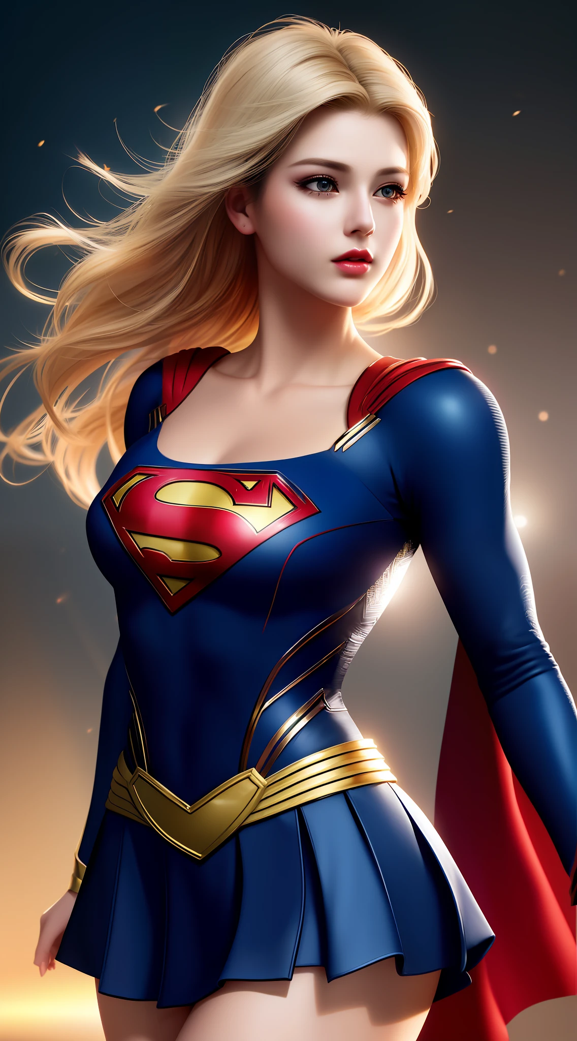 Top Quality, Masterpiece, High Resolution, 1Supergirl, Black Short Hair: 1.2, Business Dress, Skirt, Secretary Dress, Necklace, Hair Clips, Red Jewelry, Beautiful Face, Tyndall Effect, Photorealistic, Dark Studio, Rim Lighting, Two-tone Lighting, (High Detail Skin: 1.2), 8k uhd, DSLR, Soft Lighting, Sincere, Bokeh, Medium Breasts, Light Pink Lips, Masterpiece, High Quality Shadows, High Detail, Beautiful Details, fine details, extremely detailed CG, detailed texture, realistic face expression, realistic, colorful, detailed, cinematic light, side lighting, lens reflection, ray tracing, sharp focus, (complex detail, makeup, (delicate and detailed face, delicate and detailed eyes, perfect face proportions, highly detailed skin), best proportions four fingers and a thumb, arms under chest, medium sized breasts, wide hips, thick thighs, smooth skin, blue-eyed blonde, wearing superman's S symbol on her chest.