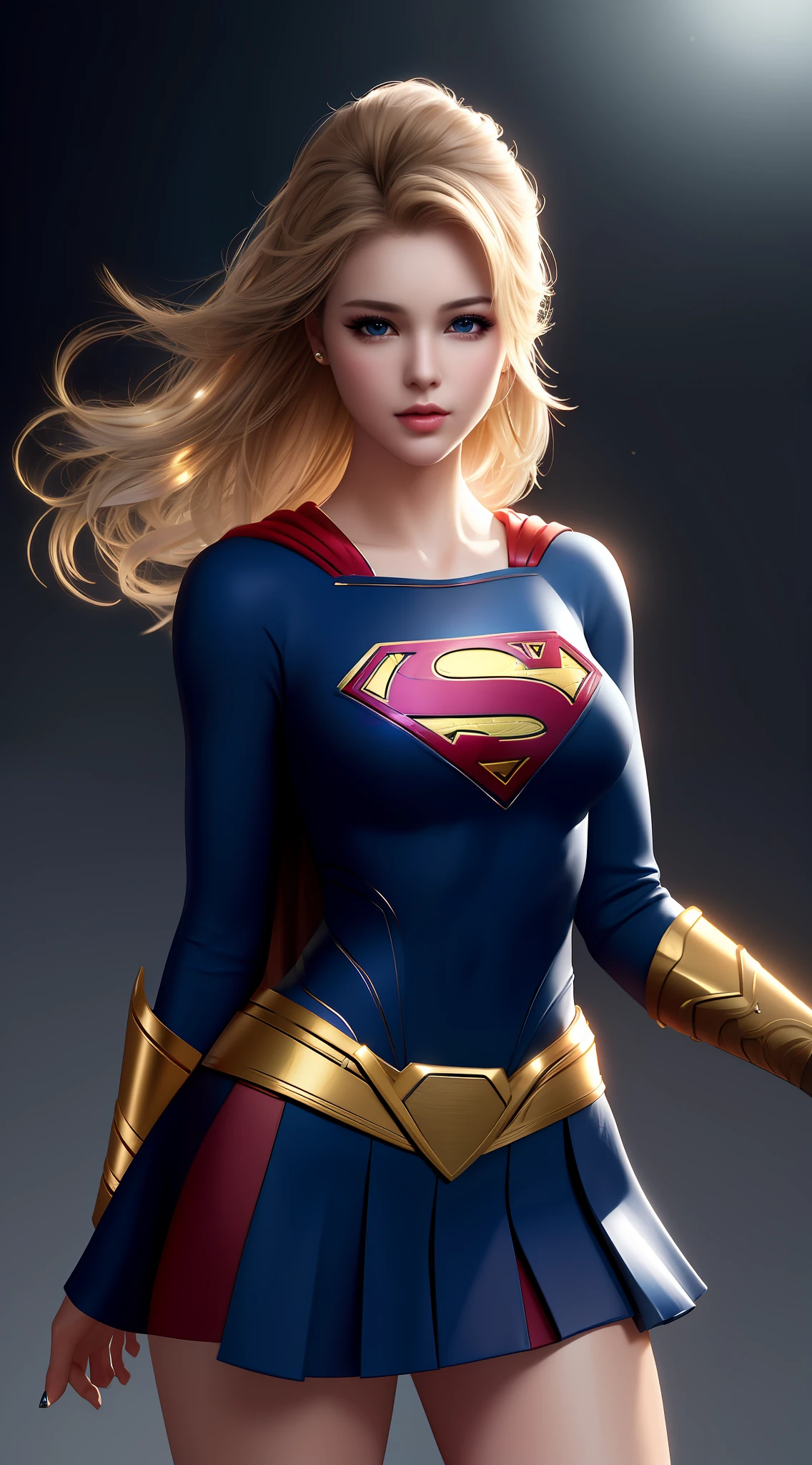 Top Quality, Masterpiece, High Resolution, 1Supergirl, Black Short Hair: 1.2, Business Dress, Skirt, Secretary Dress, Necklace, Hair Clips, Red Jewelry, Beautiful Face, Tyndall Effect, Photorealistic, Dark Studio, Rim Lighting, Two-tone Lighting, (High Detail Skin: 1.2), 8k uhd, DSLR, Soft Lighting, Sincere, Bokeh, Medium Breasts, Light Pink Lips, Masterpiece, High Quality Shadows, High Detail, Beautiful Details,  fine details, extremely detailed CG, detailed texture, realistic face expression, realistic, colorful, detailed, cinematic light, side lighting, lens reflection, ray tracing, sharp focus, (complex detail, makeup, (delicate and detailed face, delicate and detailed eyes, perfect face proportions, highly detailed skin), best proportions four fingers and a thumb, arms under chest, medium sized breasts,  wide hips, thick thighs, smooth skin, blue-eyed blonde, wearing superman's S symbol on her chest.