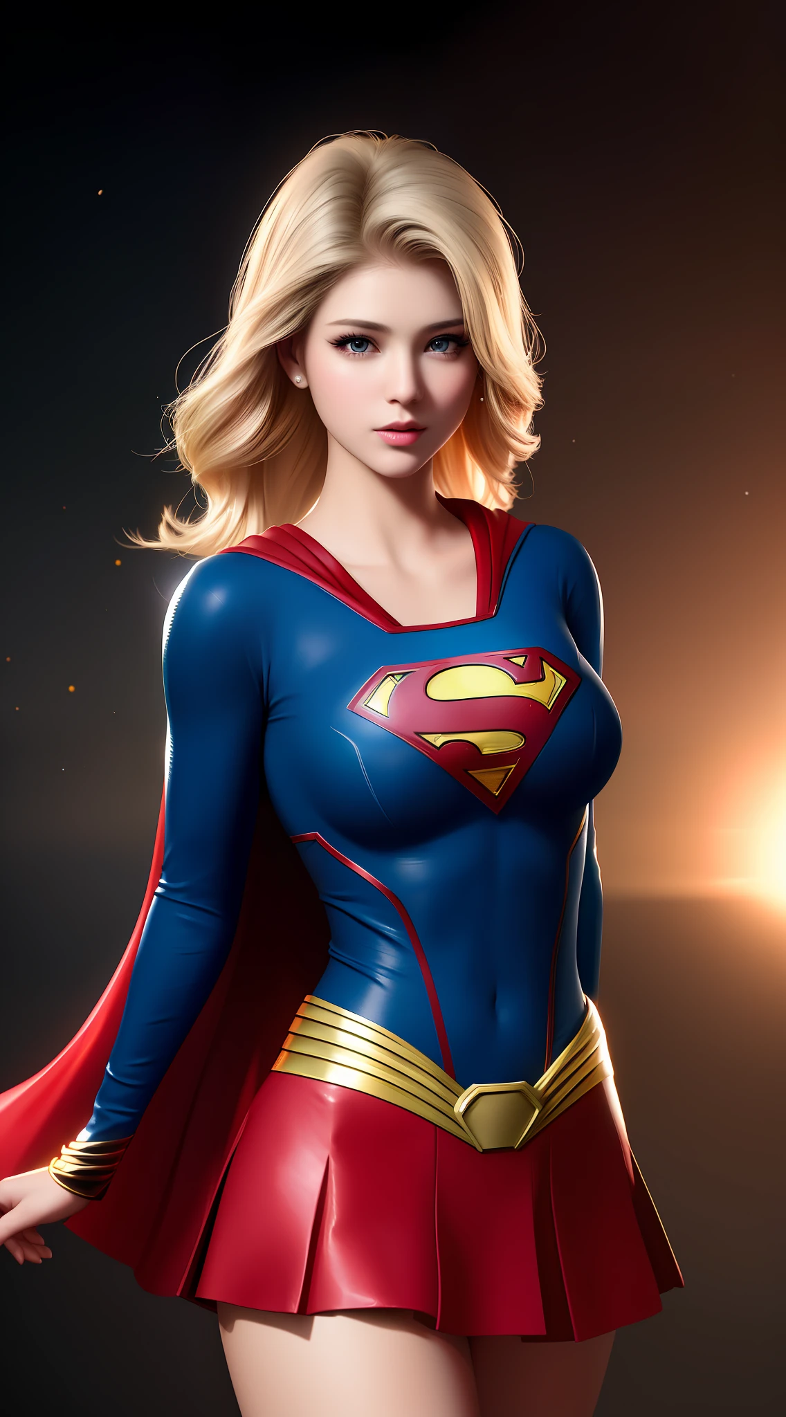 Top Quality, Masterpiece, High Resolution, 1Supergirl, Black Short Hair: 1.2, Business Dress, Skirt, Secretary Dress, Necklace, Hair Clips, Red Jewelry, Beautiful Face, Tyndall Effect, Photorealistic, Dark Studio, Rim Lighting, Two-tone Lighting, (High Detail Skin: 1.2), 8k uhd, DSLR, Soft Lighting, Sincere, Bokeh, Medium Breasts, Light Pink Lips, Masterpiece, High Quality Shadows, High Detail, Beautiful Details, fine details, extremely detailed CG, detailed texture, realistic face expression, realistic, colorful, detailed, cinematic light, side lighting, lens reflection, ray tracing, sharp focus, (complex detail, makeup, (delicate and detailed face, delicate and detailed eyes, perfect face proportions, highly detailed skin), best proportions four fingers and a thumb, arms under chest, medium sized breasts, wide hips, thick thighs, smooth skin, blue-eyed blonde, wearing superman's S symbol on her chest.