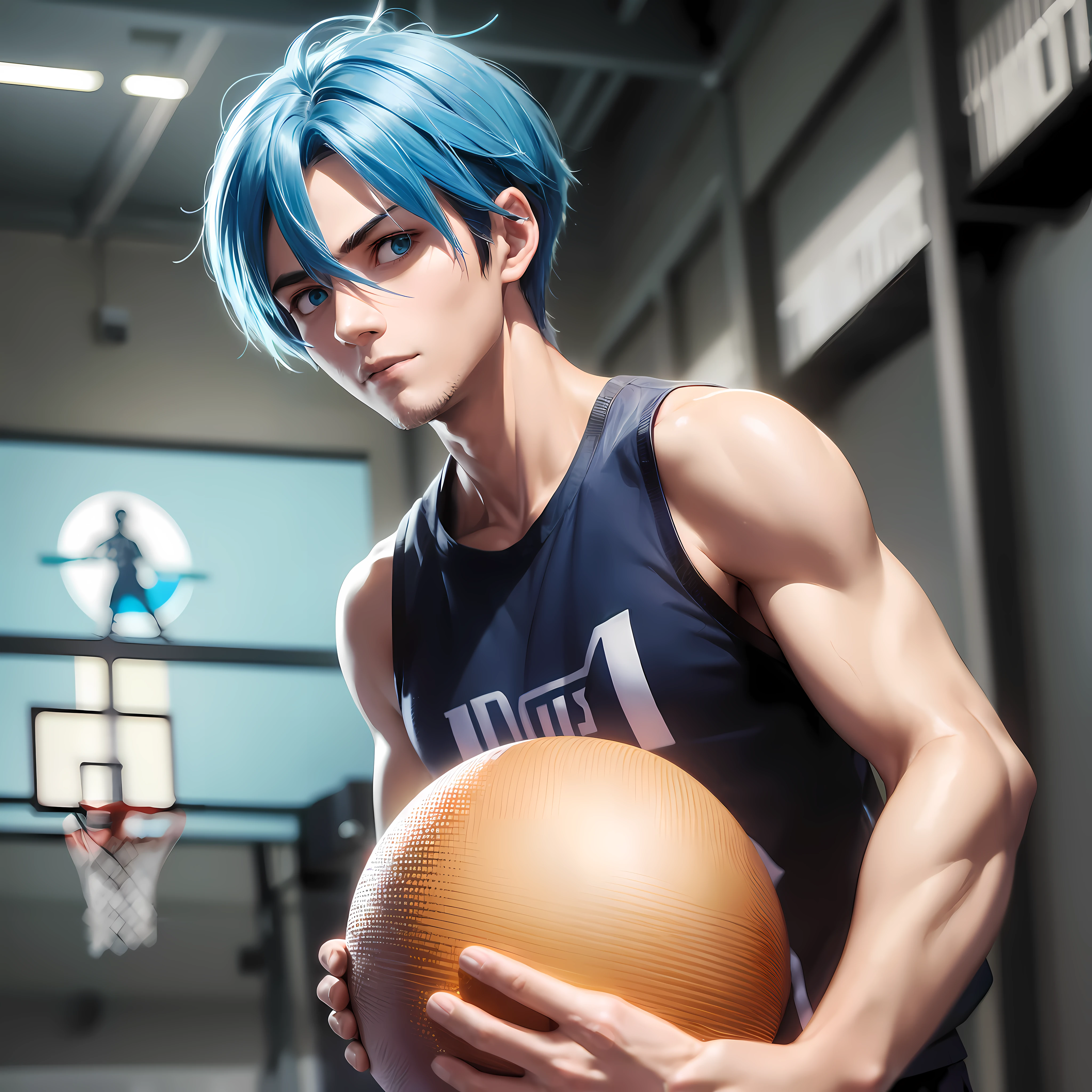 Man, tall, cyan hair, with basketball in hand, on basketball court, wearing black tank top, blue eyes, anime style, anime, god rays, ray tracing, reflective light, high quality, 4K, best quality --auto --s2