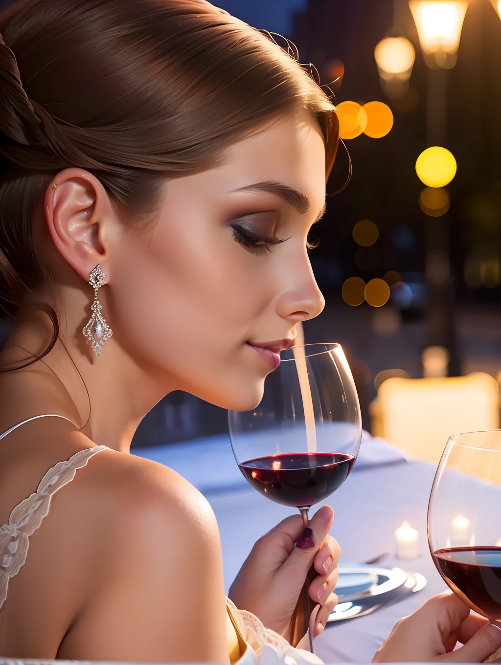 (close-up:1.2),(beautiful woman),dinner table night,(soft light:0.8),(elegant:1.1),(chateau decoration),(silk dress),(glass of red wine), on the street