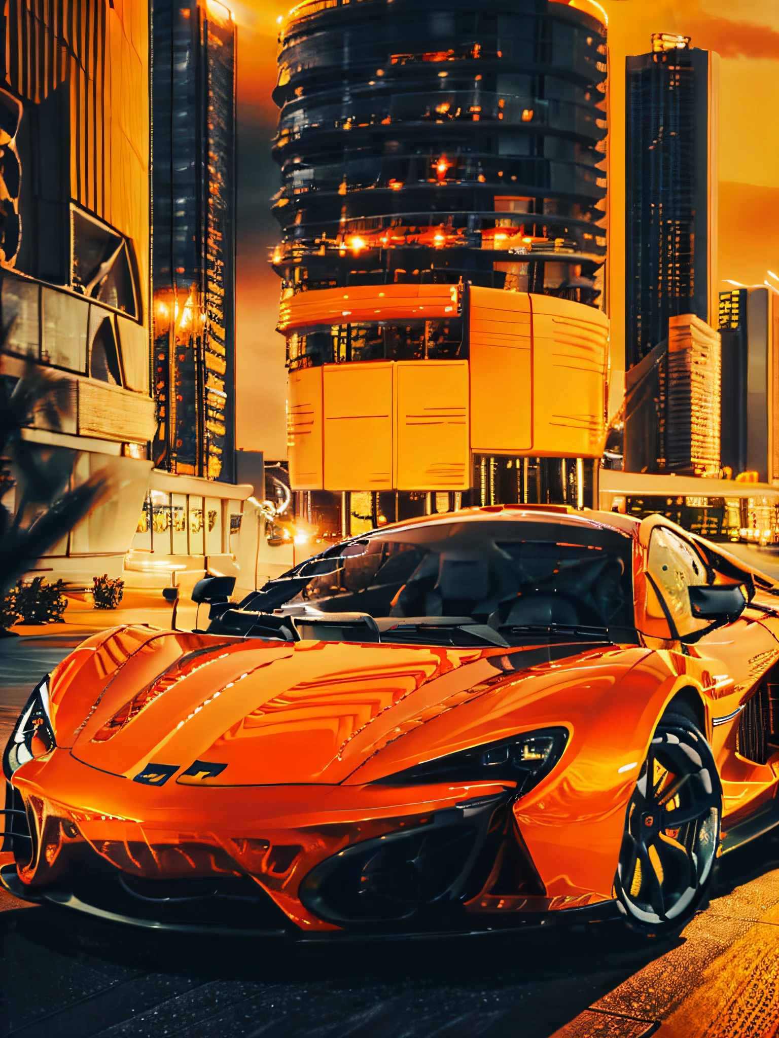 Sports car, mclaren type, close, orange color at high speed, urban center, grandiose buildings, cinema lighting. Photographic realism --auto --s2