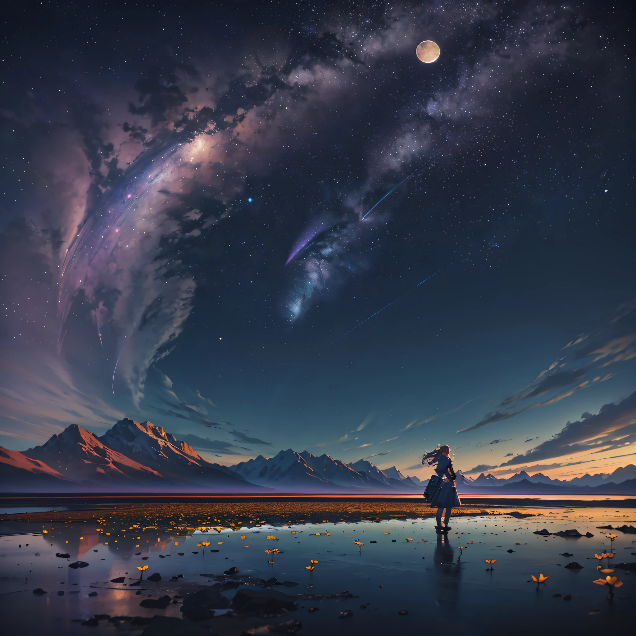 A wide landscape photo, (viewed from below, the sky is above, and the open field is below), a girl standing on a flower field looking up, (full moon: 1.2), (meteor: 0.9), (nebula: 1.3), distant mountains , Trees BREAK Crafting Art, (Warm Light: 1.2), (Firefly: 1.2), Lights, Lots of Purple and Orange, Intricate Details, Volumetric Lighting BREAK (Masterpiece: 1.2), (Best Quality), 4k, Ultra Detailed, (Dynamic Composition: 1.4), Rich in Detail and Color, (Rainbow Color: 1.2), (Glow, Atmospheric Lighting), Dreamy, Magical, (Solo: 1.2) --auto --s2