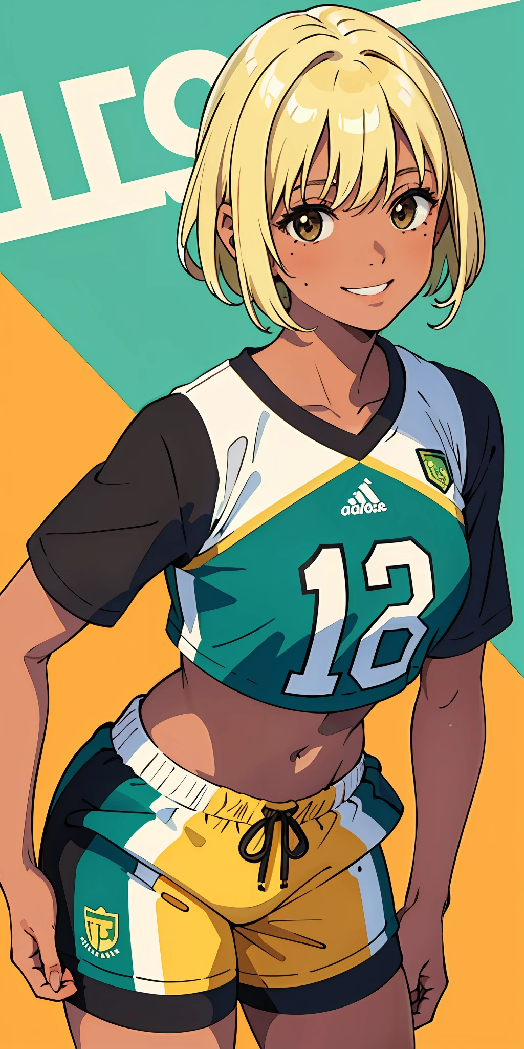 (top quality, masterpiece), 1 girl, 16 years old, stunning, smile, blonde, brown skin, tan, five fingers, mole, jersey, green sports jersey