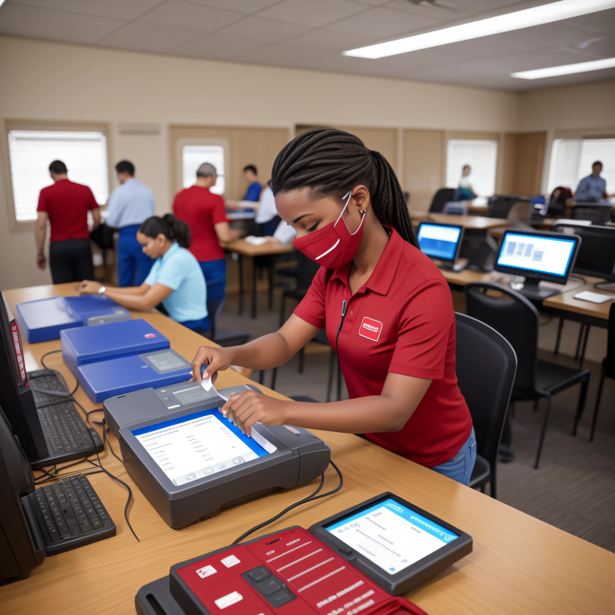 a person in a red shirt voting in an electronic voting machine