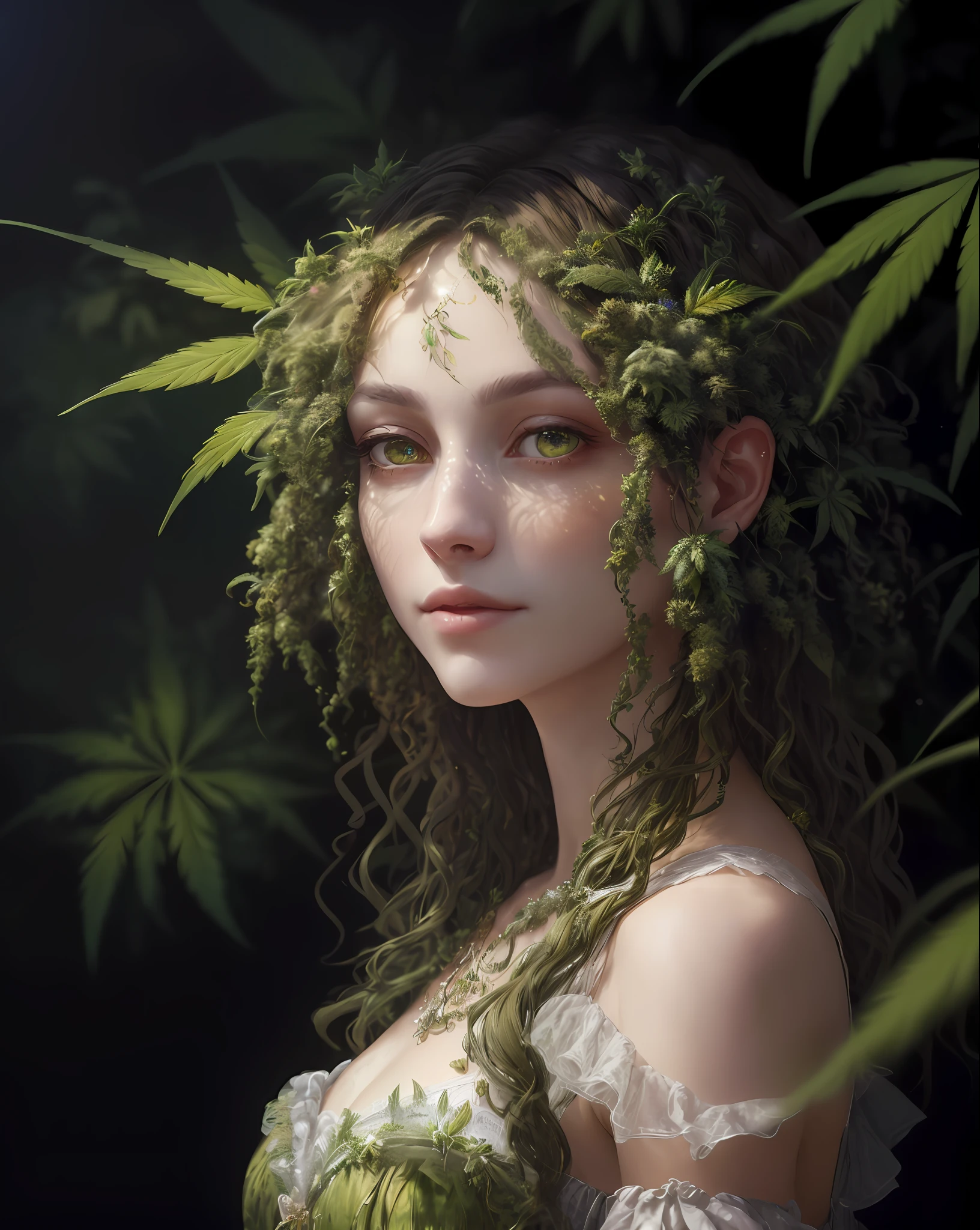 arafed woman with green leaves on her head and a dress, personification of marijuana, princess of cannabis, portrait of a dryad, 8k high quality detailed art, 4k highly detailed digital art, goddess of the forest, artwork in the style of guweiz, beautiful digital artwork, fantasy art style, detailed digital anime art, guweiz masterpiece