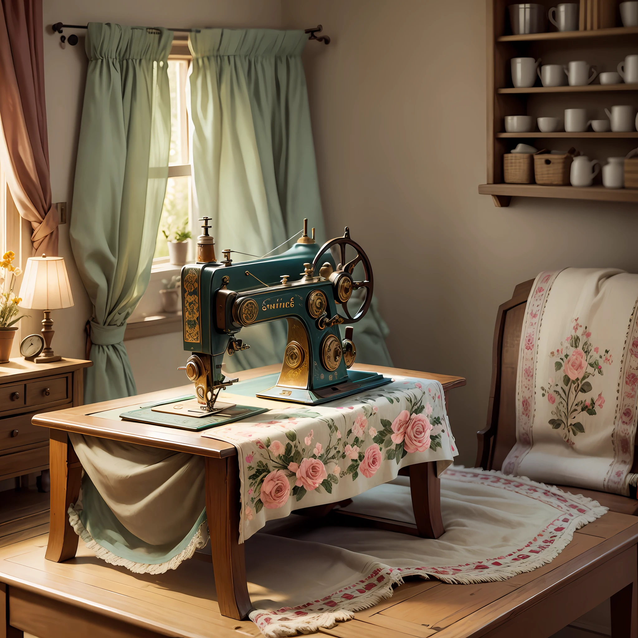 Floral sewing machine Domestic antique model on the table in a cozy house with soft and light background --auto --s2