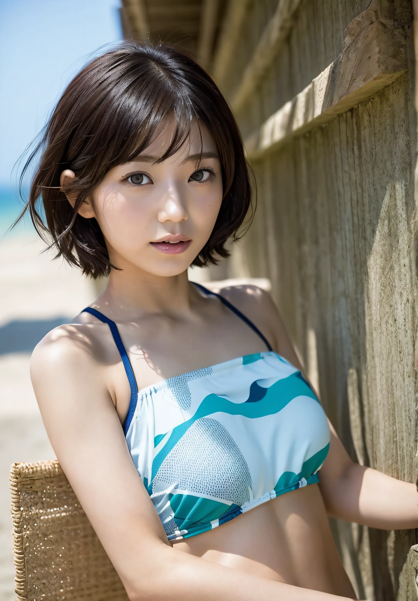 short cut hairstyle, Japan woman, 25 years old, seashore, swimsuit, Nozomi Sasaki, beach, plain swimsuit, --auto --s2