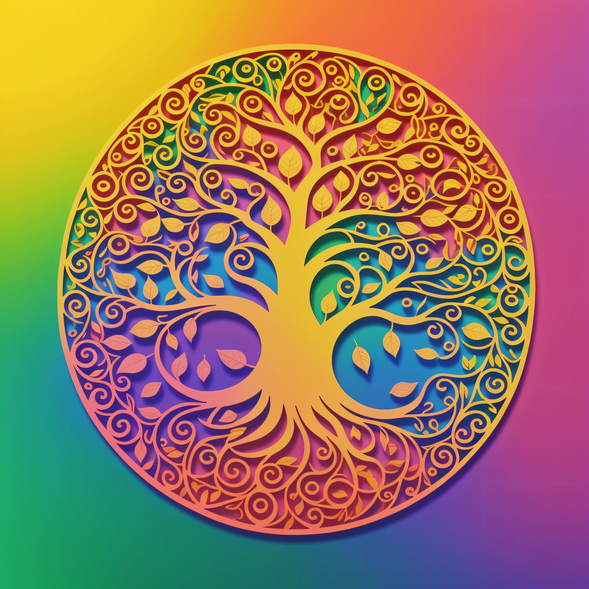 a close up of a circular cut out of paper with a tree of life, intricate wiccan spectrum, cosmic tree of life, tree of life, tree of life seed of doubt, golden sacred tree, intricate rainbow environment, the tree of life, psychedelic color theme, wearing psychedelic wicca, vector art for cnc plasma, highly intricate in technicolor