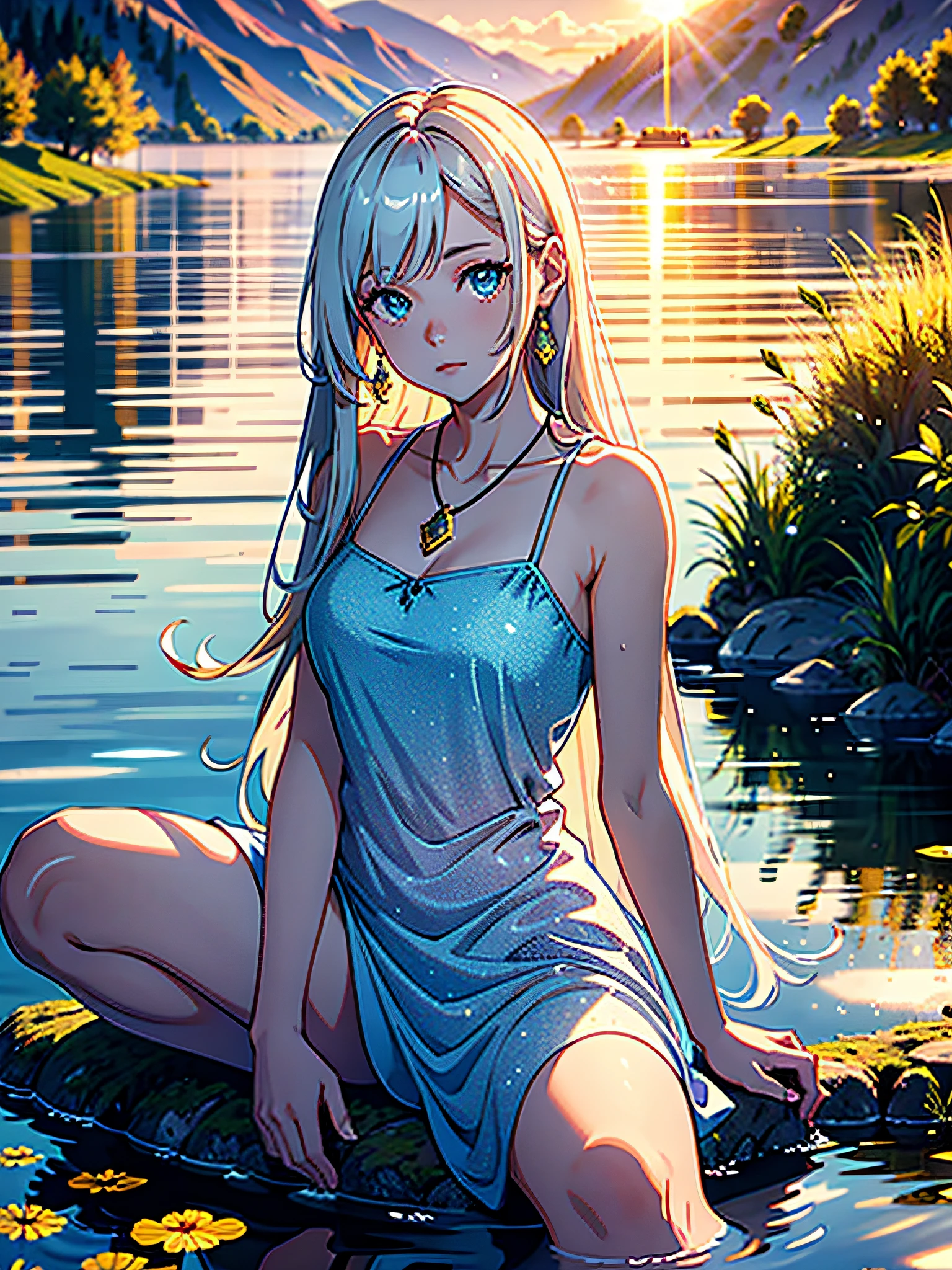 1 girl, serene expression, mesmerizing eyes, straight long hair, flowing dress, poised posture, porcelain skin, subtle blush, crystal pendant
BREAK
golden hour, (rim lighting):1.2, warm tones, sun flare, soft shadows, vibrant colors, painterly effect, dreamy atmosphere
BREAK
scenic lake, distant mountains, willow tree, calm water, reflection, sunlit clouds, peaceful ambiance, idyllic sunset, ultra detailed, official art, unity 8k wallpaper
, zentangle, mandala