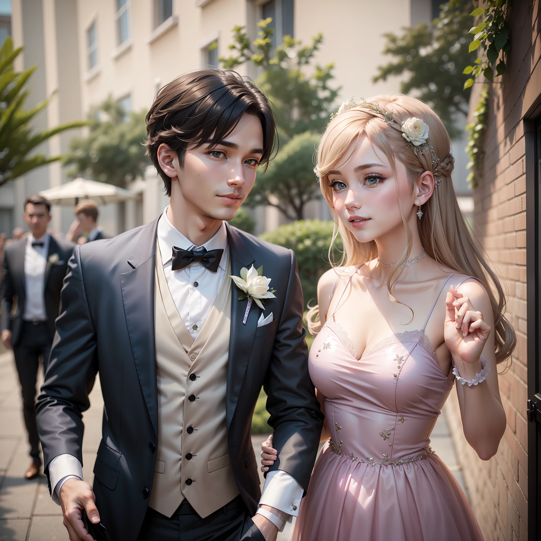 a young  couple greeting guests arriving at their party, semi-formal attire, ultrarealistic fujifilm 8k, muted colors, --ar 2:3 --q 2