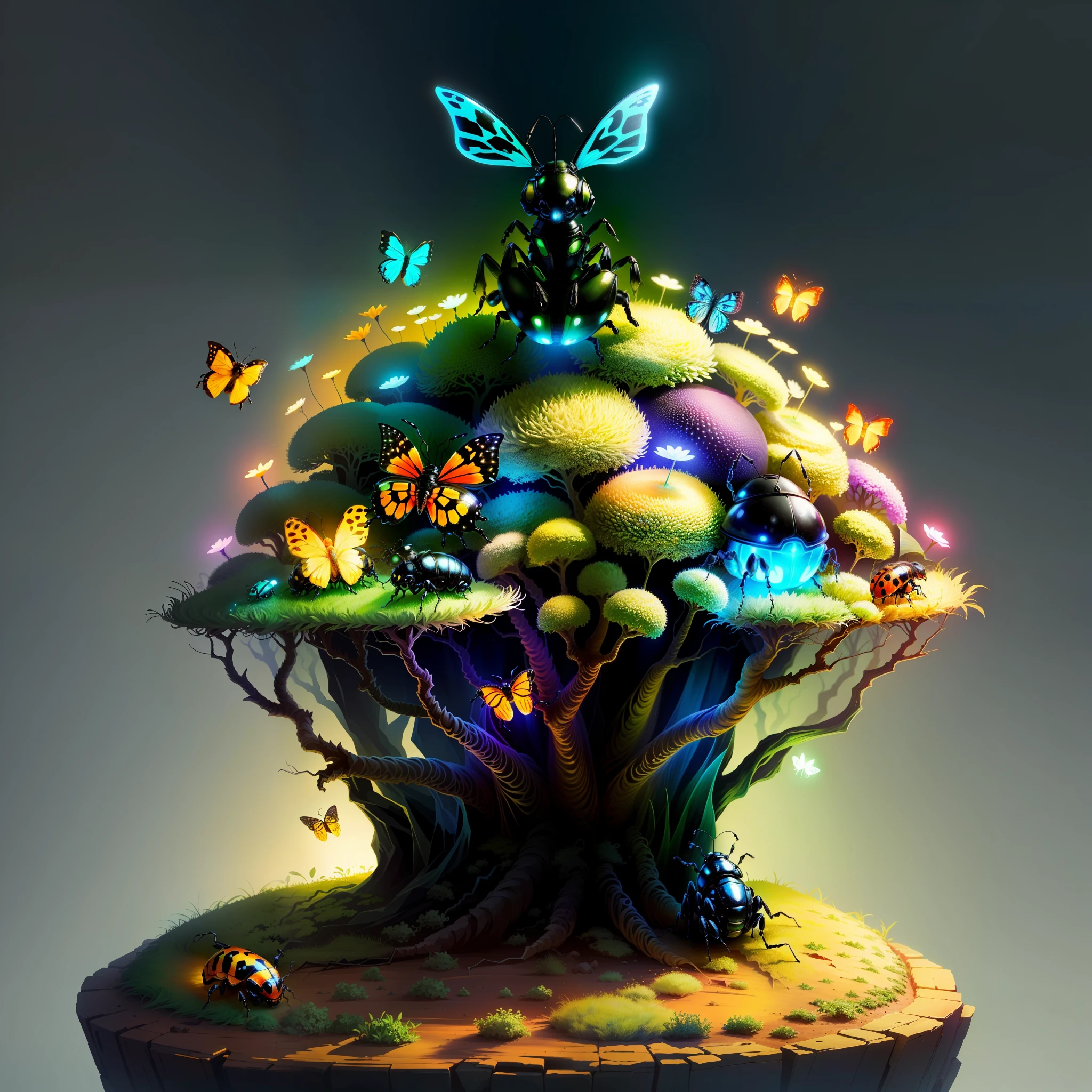 Cute anthill and cute glowing/male beetle insect sitting on top, fantasy, art