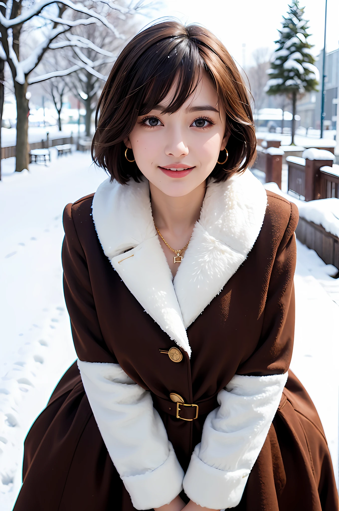 1 girl, bare_tree, brown_eyes, brown_hair, building, coat, cross_earrings, earrings, fur, fur trimmed_coat, fur_collar, fur_scarf, fur_trim, jewelry, lips, shorthair, looking_at_viewer, outdoors, snow, snow, solo, tree, upper_body, Winter, winter_clothes, detailed_eyes, Big breasts, arms close together, Chest to camera, Big, Ears out, Golden ratio face, Golden ratio body, Top quality, Ultra high definition, Bangs, Thick bangs, Highlights in the eyes, Mouth closed, Happy smile Short bob hair, Short hair, Short and beautiful hair, Big eyes, Clear double eyelids