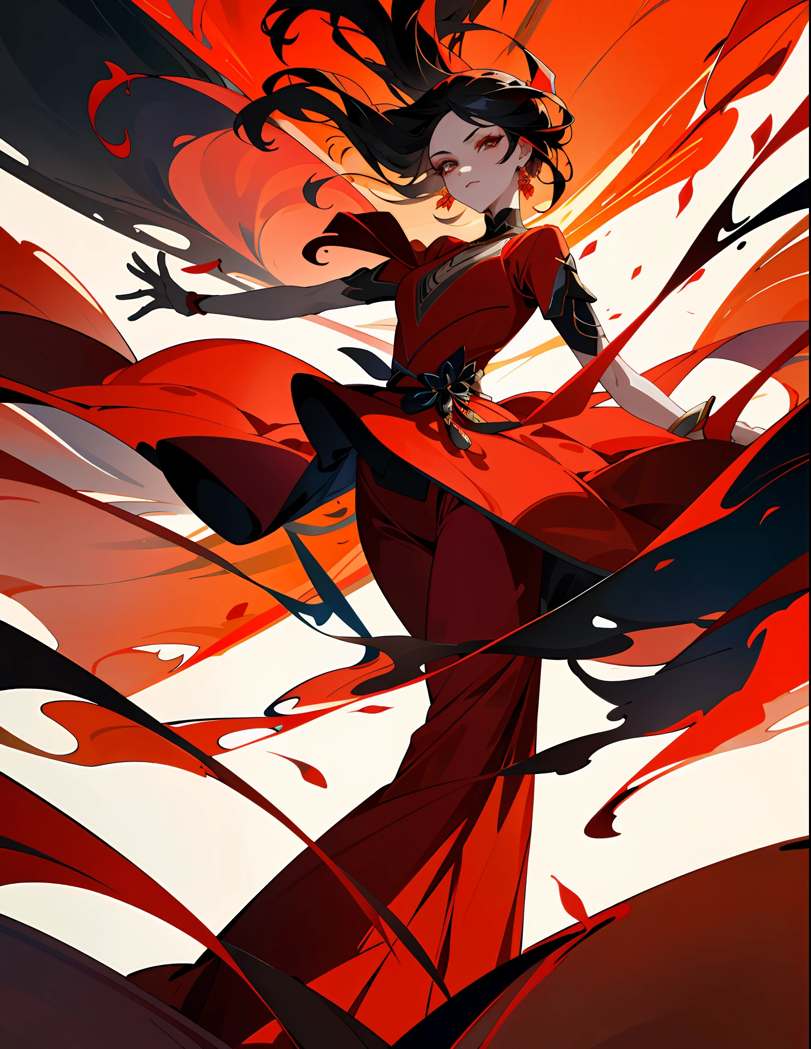Generate high-quality, vibrant red images of women. She is dressed in a sophisticated fashion style and wears elegant outfits based on red. The background is a landscape with abstract and fantastic elements, interspersed with motifs of red flowers and flames. Her poses are fluid and give a sense of graceful movement. The effects of light and shadow are vividly expressed, and the faces and expressions that are carefully depicted in the details of the red costumes and makeup are emotionally revealed. The overall atmosphere is contemporary, yet has its own artistic touch, which brings out the passion and strength of red. This image is vividly colored in red, evoking visual stimulation and aesthetics, and will intrigue and surprise the viewer.