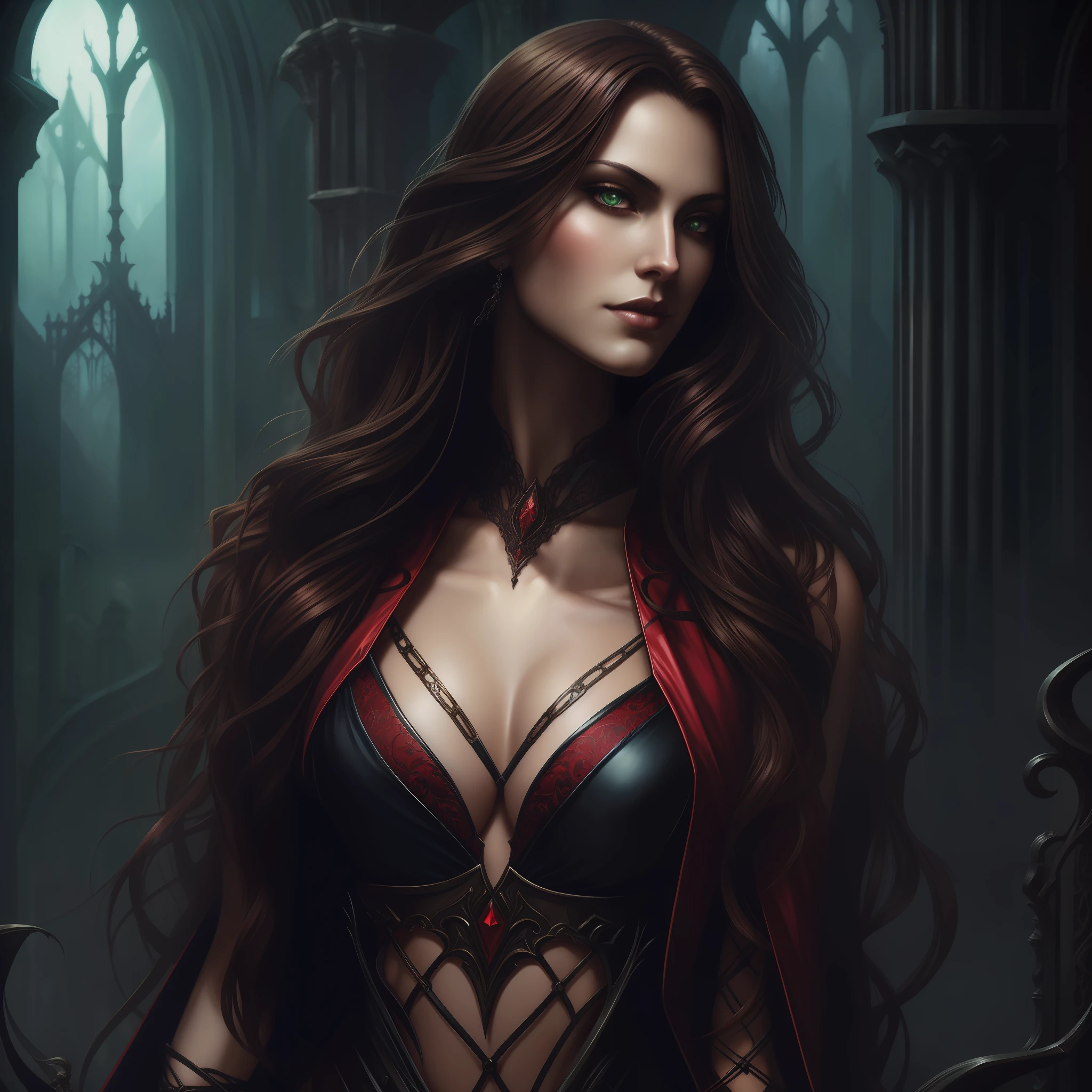 Close-up portrait of me in a gothic setting of Castlevania, with long, curly brown hair, wearing red and black metallic bikinis, light green eyes, intricate details, digital painting by Ayami Kojima, Greg Rutkowski and Genzoman. The background is dark and Gothic, adding to the mysterious atmosphere. This art is on the rise at ArtStation, capturing the essence of the iconic Symphony of the Night game. The illustration is soft, with sharp focus, showing the beauty and fascination of me