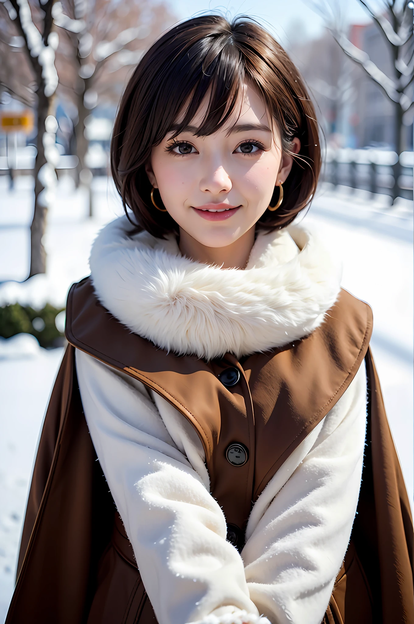 1 girl, bare_tree, brown_eyes, brown_hair, building, coat, cross_earrings, earrings, fur, fur trimmed_coat, fur_collar, fur_scarf, fur_trim, jewelry, lips, shorthair, looking_at_viewer, outdoors, snow, snow, solo, tree, upper_body, Winter, winter_clothes, detailed_eyes, Big breasts, arms close together, Chest to camera, Big, Ears out, Golden ratio face, Golden ratio body, Top quality, Ultra high definition, Bangs, Thick bangs, Highlights in the eyes, Mouth closed, Happy smile Short bob hair, Short hair, Short and beautiful hair, Big eyes, Clear double eyelids