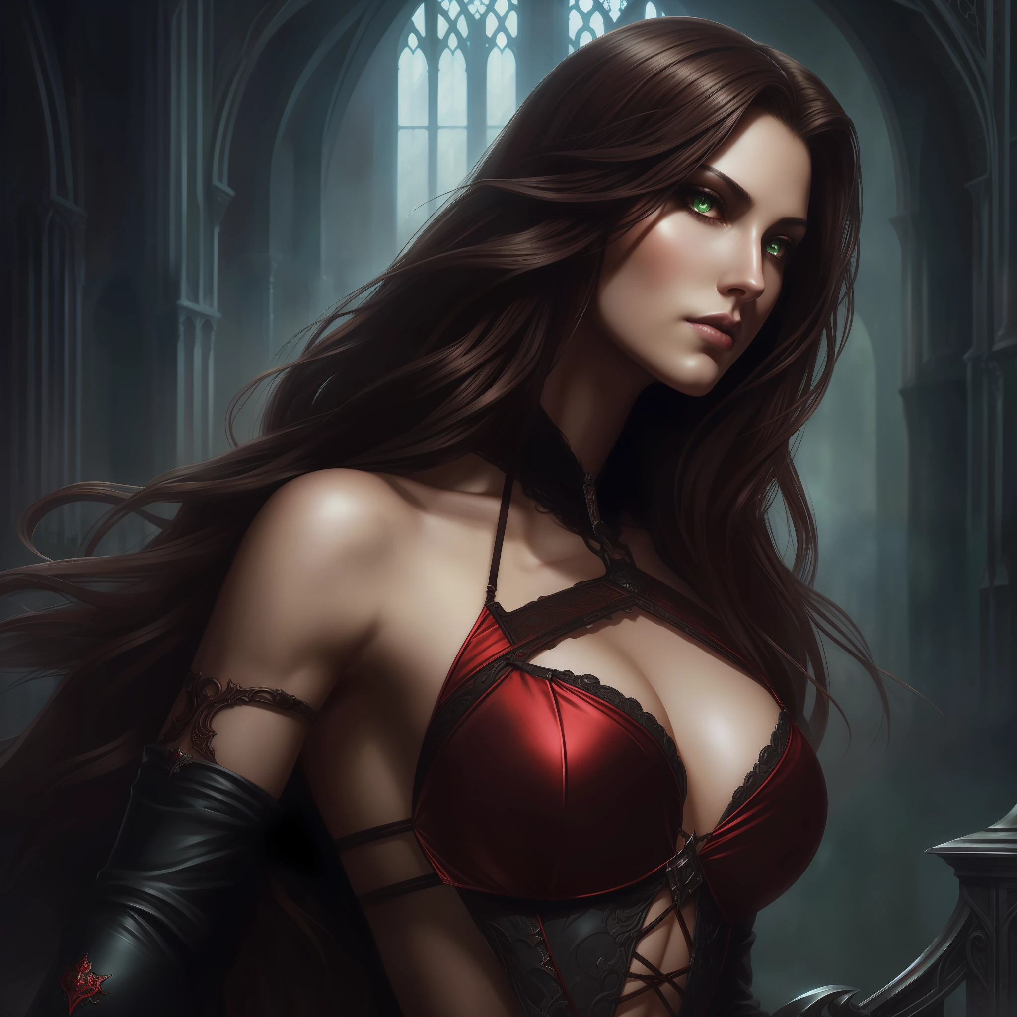 Close-up portrait of me in a gothic setting of Castlevania, with long, curly brown hair, wearing red and black metallic bikinis, light green eyes, intricate details, digital painting by Ayami Kojima, Greg Rutkowski and Genzoman. The background is dark and Gothic, adding to the mysterious atmosphere. This art is on the rise at ArtStation, capturing the essence of the iconic Symphony of the Night game. The illustration is soft, with sharp focus, showing the beauty and fascination of me