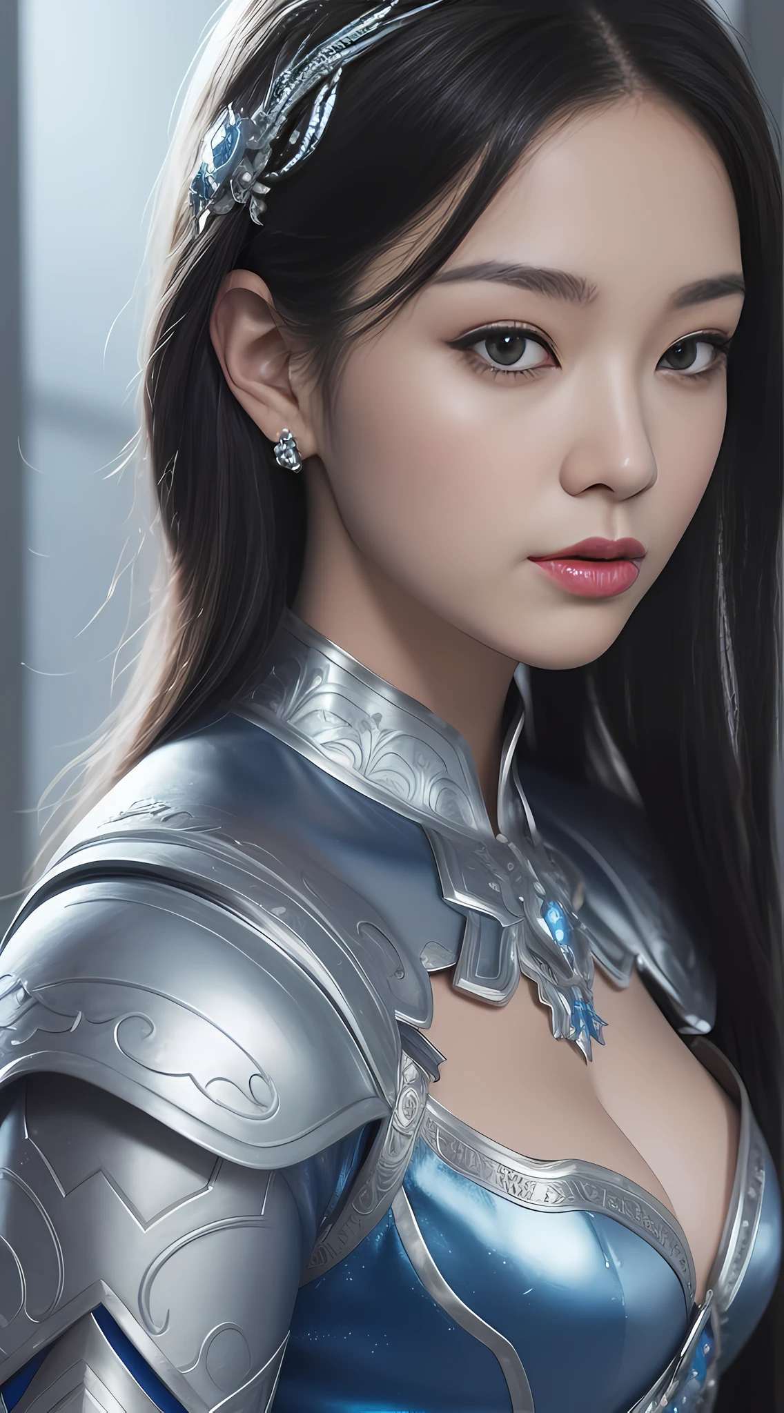 a close up of a woman in a silver and blue dress, chengwei pan on artstation, by Yang J, detailed fantasy art, stunning character art, fanart best artstation, epic exquisite character art, beautiful armor, extremely detailed artgerm, detailed digital anime art, artgerm on artstation pixiv, armor girl