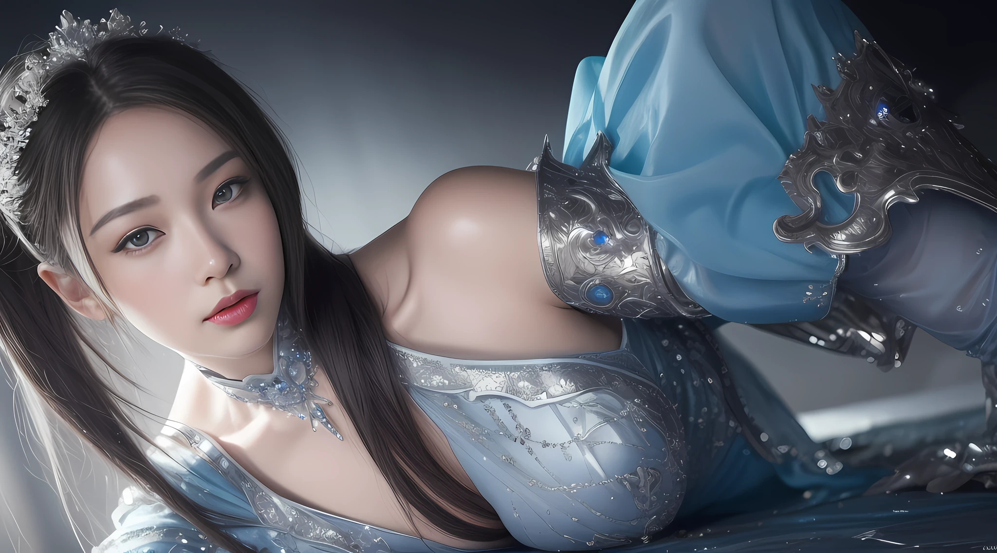 a close up of a woman in a silver and blue dress, chengwei pan on artstation, by Yang J, detailed fantasy art, stunning character art, fanart best artstation, epic exquisite character art, beautiful armor, extremely detailed artgerm, detailed digital anime art, artgerm on artstation pixiv, armor girl