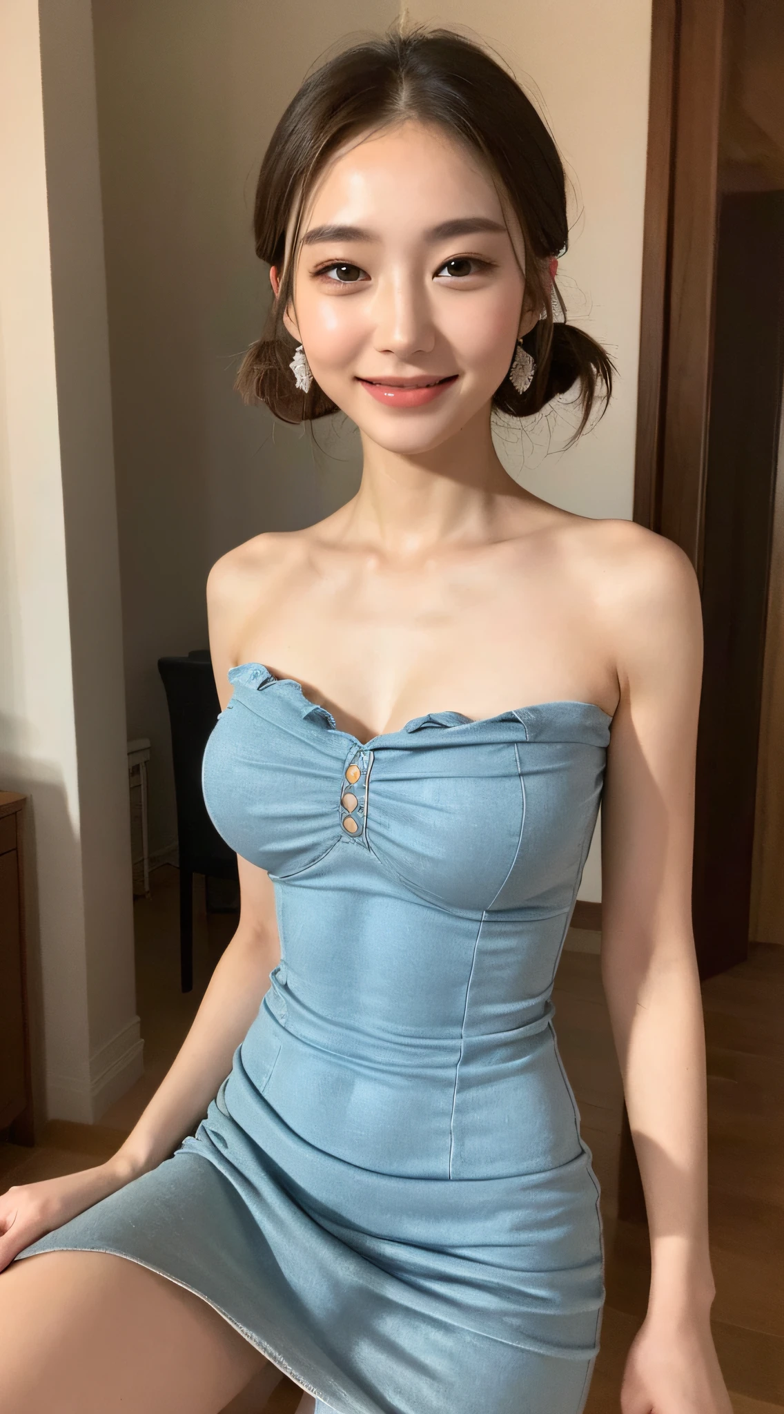 ((Best Quality, 8K, Masterpiece: 1.3)), 1girl, Slim Abs Beauty: 1.3, (Hairstyle Casual, Big Breasts: 1.2), Dress: 1.1, Super Fine Face, Delicate Eyes, Double Eyelids, Smile, Home