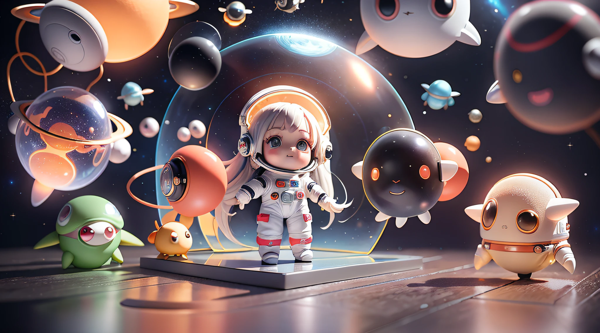 Super cute girl full body 3D picture, 1pc, good looking eyes, big eyes, cute, happy, c4d, pop matt blind box, white long hair, glowing bubbles, toys, solid color background, chibi, fluorescent translucency, luminous body, kawaii, doll, (((astronaut, spacesuit))), reference table, pop mart blind box, Pixar, complex details, 3d rendering, blender, OC renderer, fol body reference sheet, Dribble, High Details, 8K, Studio Lighting, Loli, Petite, Child, Chibi, SD characters: 1.1, Magic Space Warehouse background