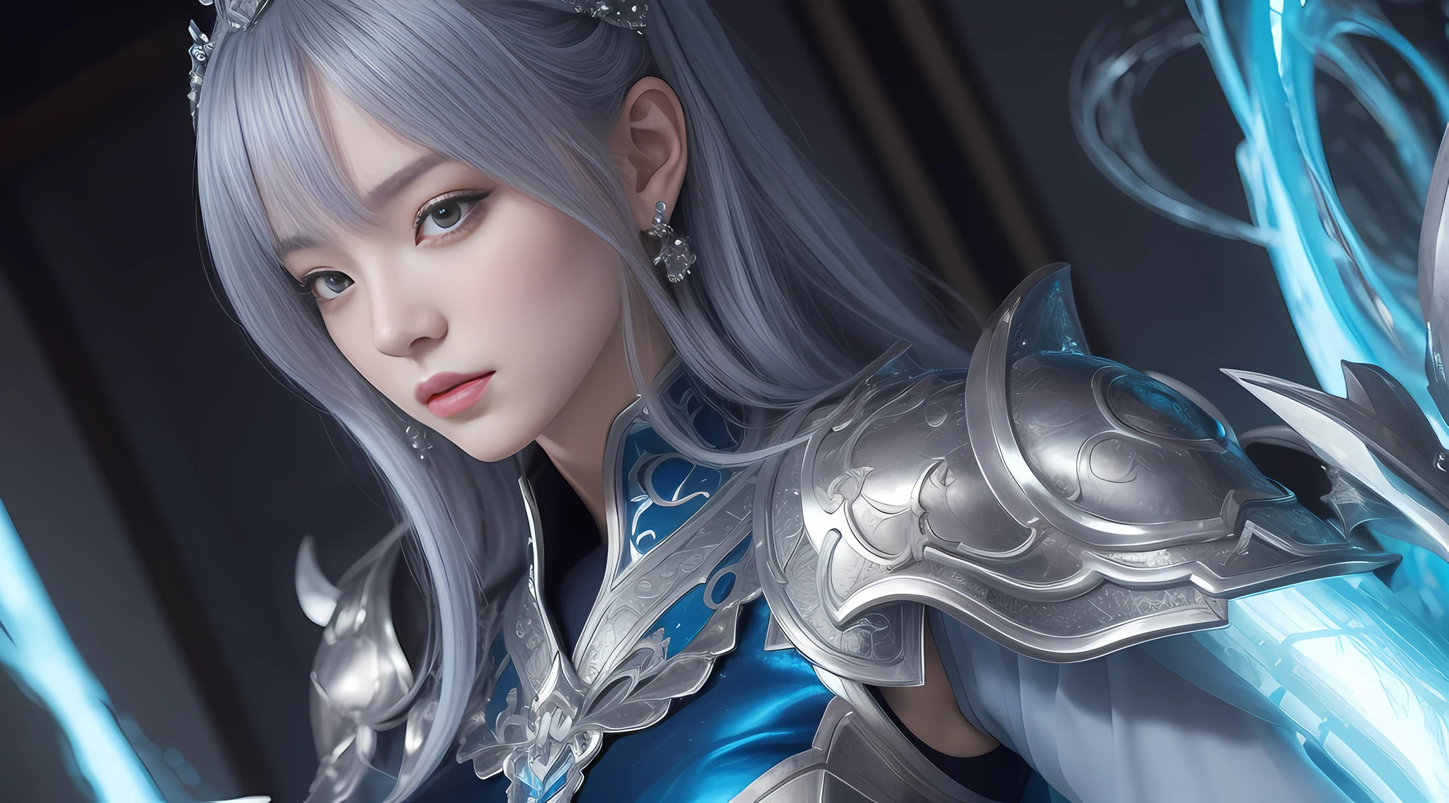 a close up of a woman in a silver and blue dress, chengwei pan on artstation, by Yang J, detailed fantasy art, stunning character art, fanart best artstation, epic exquisite character art, beautiful armor, extremely detailed artgerm, detailed digital anime art, artgerm on artstation pixiv, armor girl