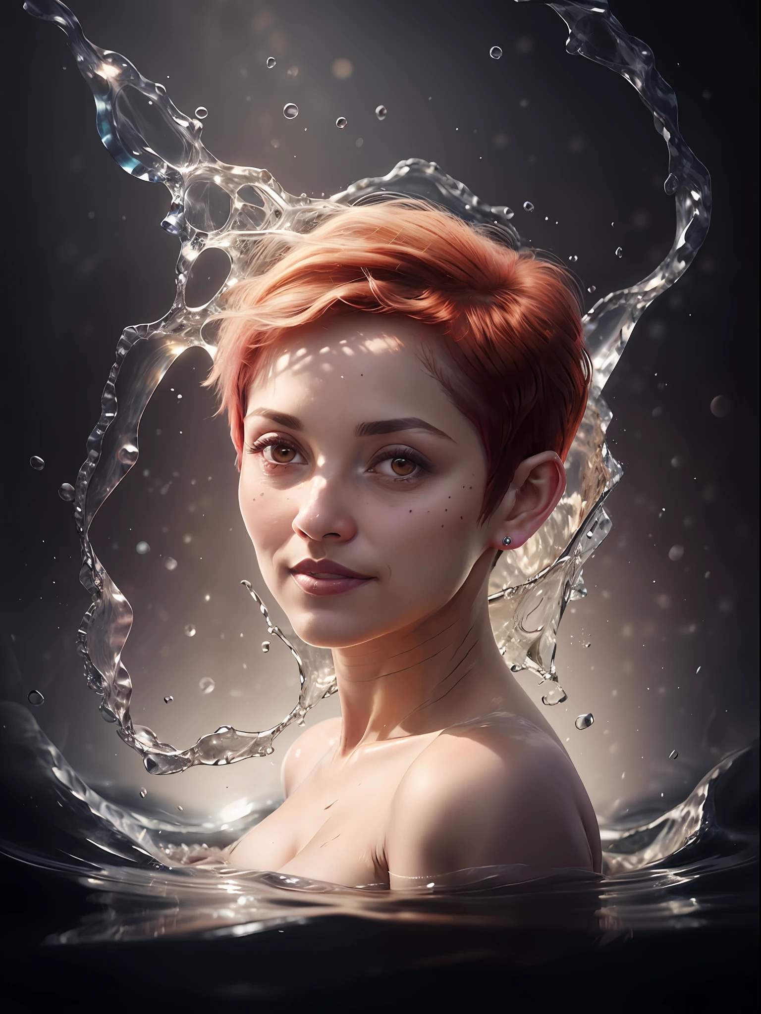 sfw, close up portrait of a cute ((((naked))) woman (mexican lady with heart-shaped pupils) bathing in a river), reeds, (backlighting), short (red honey) hair, (((pixie cut))), devil_smile, honey eyes, realistic, masterpiece, highest quality, lens flare, tanned mexican girl, detailaded hair and skin, perfect hair and skin, shade, bloom, [[chromatic aberration]], by Jeremy Lipking, by Antonio J. Manzanedo, digital painting, dark studio, rim lighting, two tone lighting, dimly lit, low key