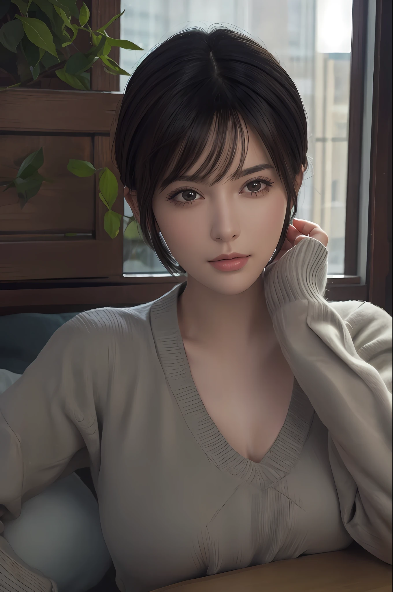 (Masterpiece: 1.3), (8k, Photorealistic, RAW Photo, Best Quality: 1.4), (1girl), Beautiful Face, (Realistic Face), (Black Hair, Short Hair: 1.3), Beautiful Hairstyle, Realistic Eyes, Beautiful Detail Eyes, (Realistic Skin), Beautiful Skin, (Sweater), Absurd, Attractive, Ultra High Definition, Ultra Realistic, High Definition, Golden Ratio, Dating