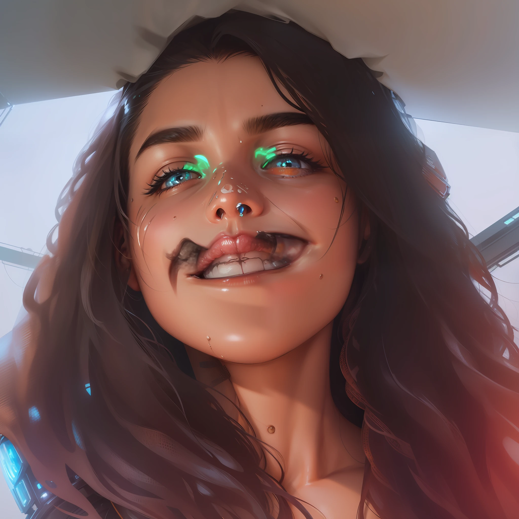 RAW, Masterpiece, Ultra Fine Photo,, Best Quality, Ultra High Resolution, Photorealistic, Sunlight, Full Body Portrait, Stunningly Beautiful,, Dynamic Poses, Delicate Face, Vibrant Eyes, (Side View) , she is wearing a futuristic Iron Man mech, very detailed background, detailed face, detailed busy background, messy, gorgeous, milky, high detailed skin, realistic skin details, visible pores, sharp focus, volume Fog, 8k uhd, dslr, high quality, film grain, fair skin, photorealism, lomography, sprawling metropolis in a futuristic dystopia, view from below, translucent