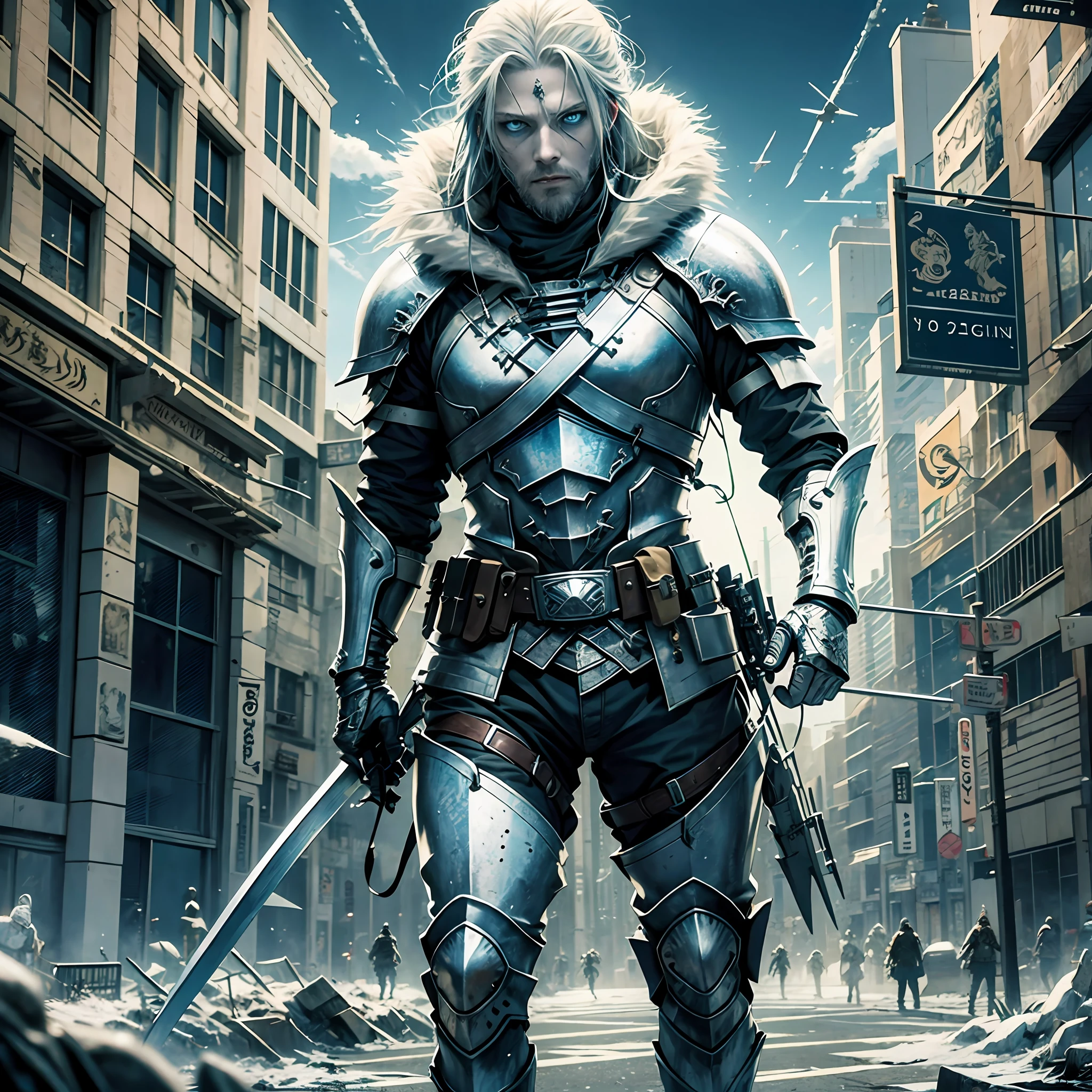Realistic image knight white wolf blue eyes city with zombies in crossbow background in hands --auto --s2