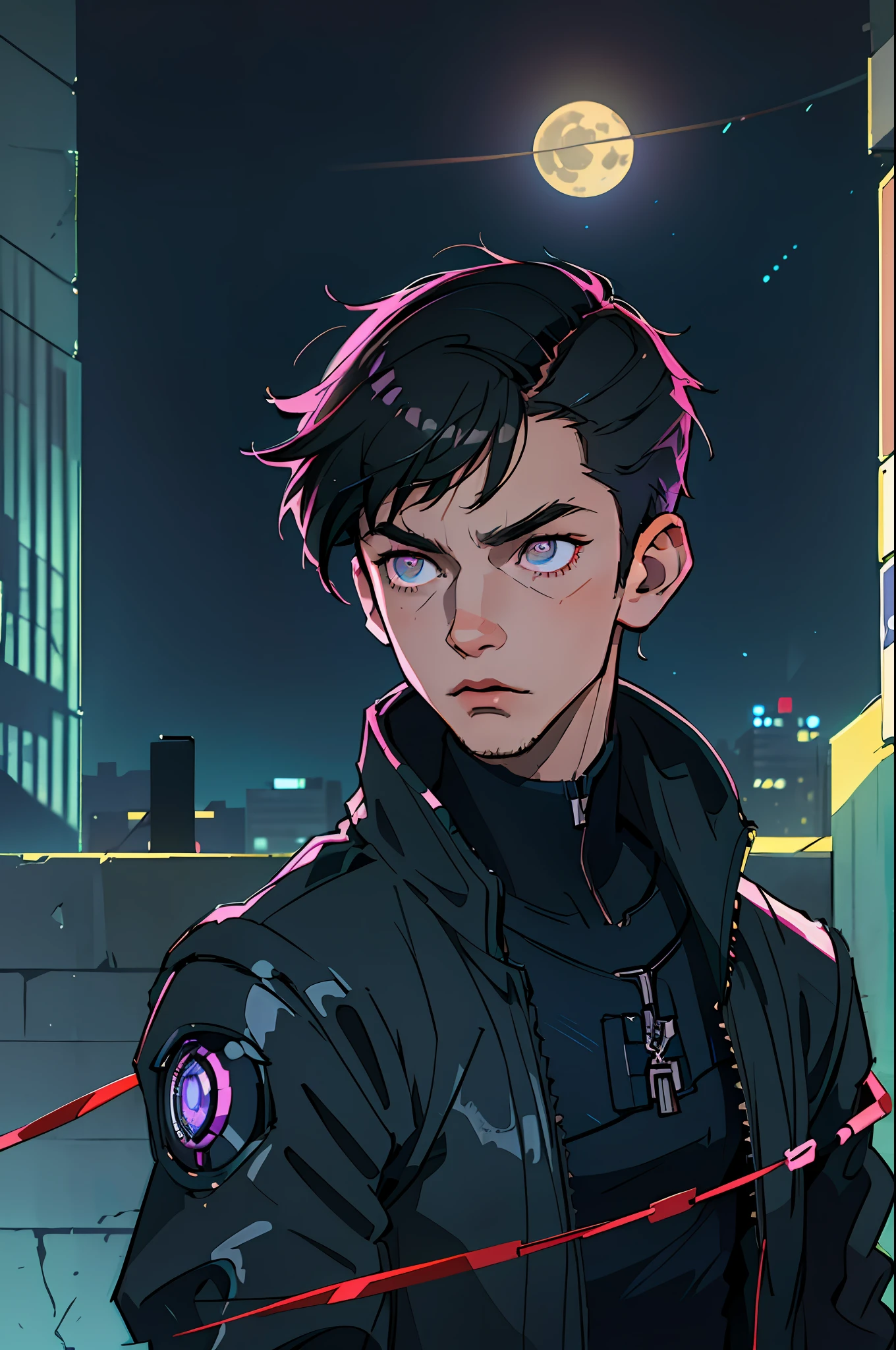 (best quality, masterpiece1.2), (detailed eye: 1.2), complex detail, depth of field, 1boy, Man, Men, boy, city, cyberpunk, neon, neon lights, night, moon, three-quarter view, rope