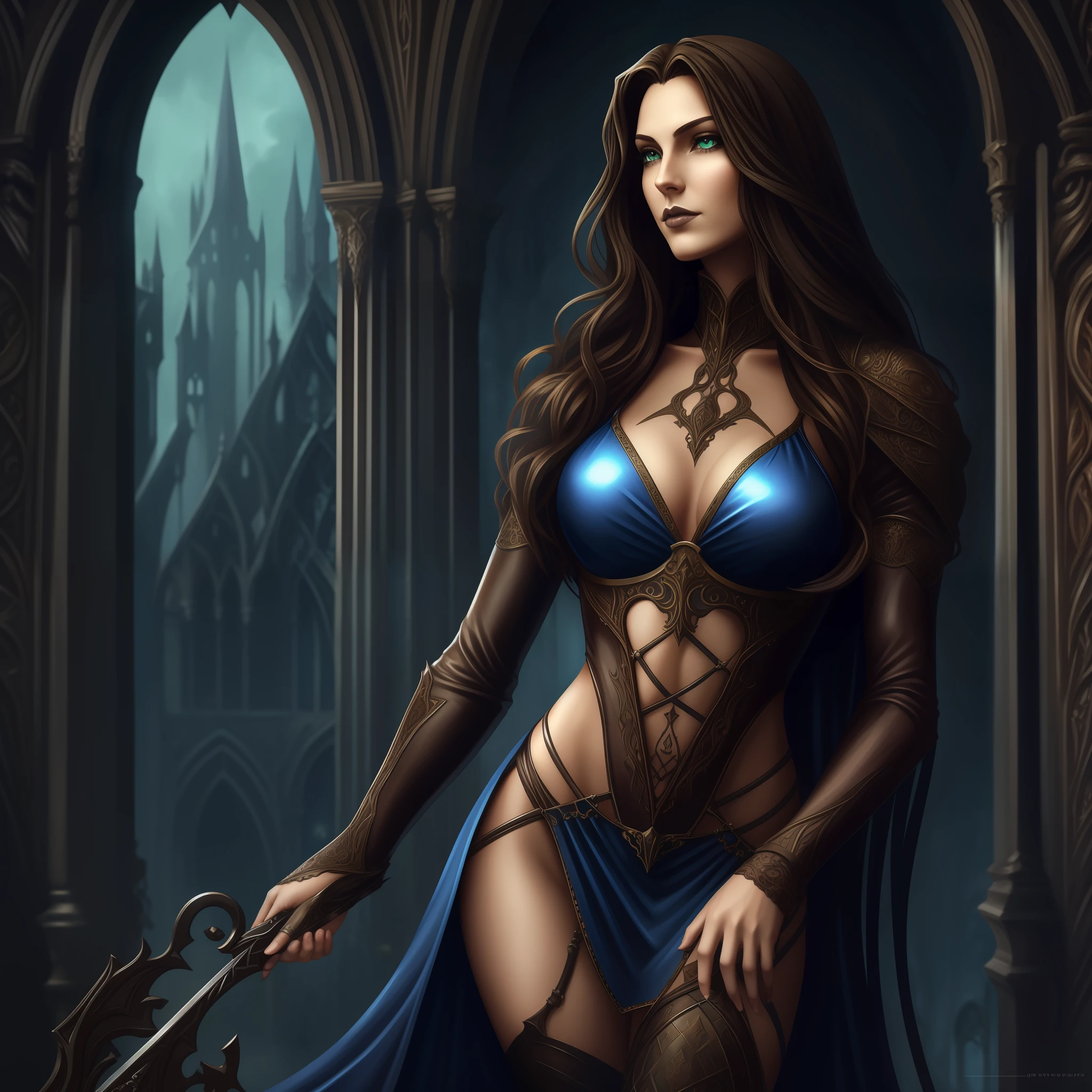 Me in a gothic setting of Castlevania, long brown curly hair, elongated and well-defined face with features of a tall woman with Italian ancestry, wearing blue bikini and metallic silver, green eyes, wide hips, intricate details. The background is dark and Gothic, adding to the mysterious atmosphere. This art is on the rise at ArtStation, capturing the essence of the iconic Symphony of the Night game. The illustration is soft, with sharp focus, showing the beauty and fascination of me