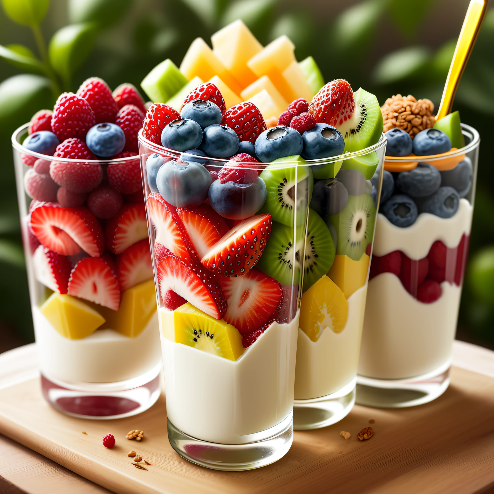 Clear! Here is a visual description of the Yogurt and Fruit Parfait recipe:
A transparent cup or container reveals layers of vibrant colors. At the base is a thick layer of natural low-fat yogurt, with a creamy tone. On top of the yogurt, there is a variety of chopped fresh fruits, such as bright red strawberries, juicy purple blueberries, and pieces of vibrant green kiwi. These fruits add a touch of freshness and an explosion of colors to the dessert. A tablespoon of granola with no added sugar is gently spread over the fruits, adding crunch and texture. Finally, small chia seeds are sprinkled over the granola, adding a touch of visual contrast. At the top of the glass, you can see the combination of colorful layers, creating an attractive, balanced and delicious dessert.