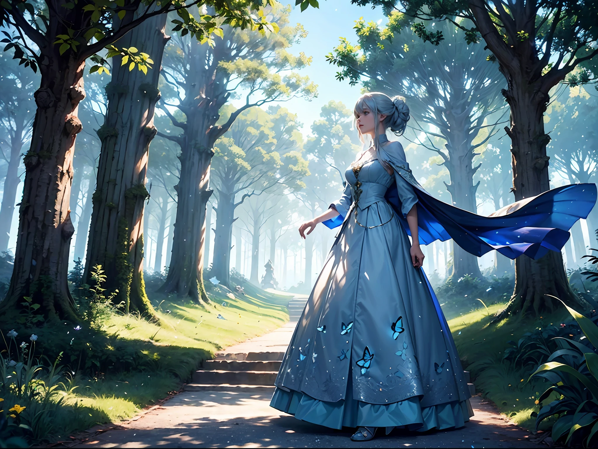 (extremely detailed CG unity 8k wallpaper,masterpiece, best quality, ultra-detailed),(best illumination, best shadows, an enchanting and beautiful scene),a majestic tree looming, surrounded by a magical forest alive with light, the kingdom of elves perched high above,(sunlit canopies/glimmering sun-shower), Golden fireflies dance about (silver mist), tree houses suspended between branches, Blue butterflies flit by like a playful flock and a starry canvas by cloud colorful.