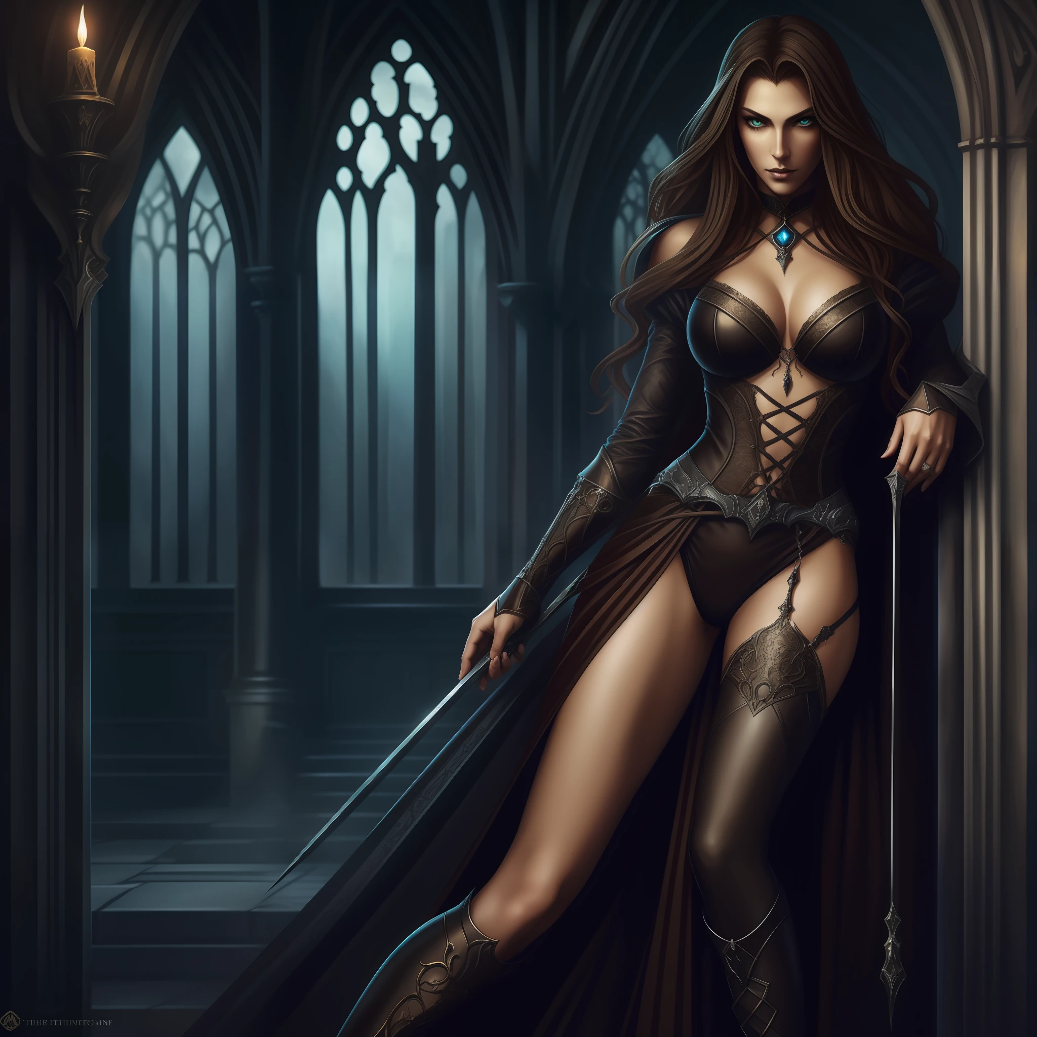 Me in a gothic setting of Castlevania, long brown curly hair, elongated and well-defined face with features of a tall woman with Italian ancestry, wearing blue bikini and metallic silver, green eyes, wide hips, intricate details. The background is dark and Gothic, adding to the mysterious atmosphere. This art is on the rise at ArtStation, capturing the essence of the iconic Symphony of the Night game. The illustration is soft, with sharp focus, showing the beauty and fascination of me