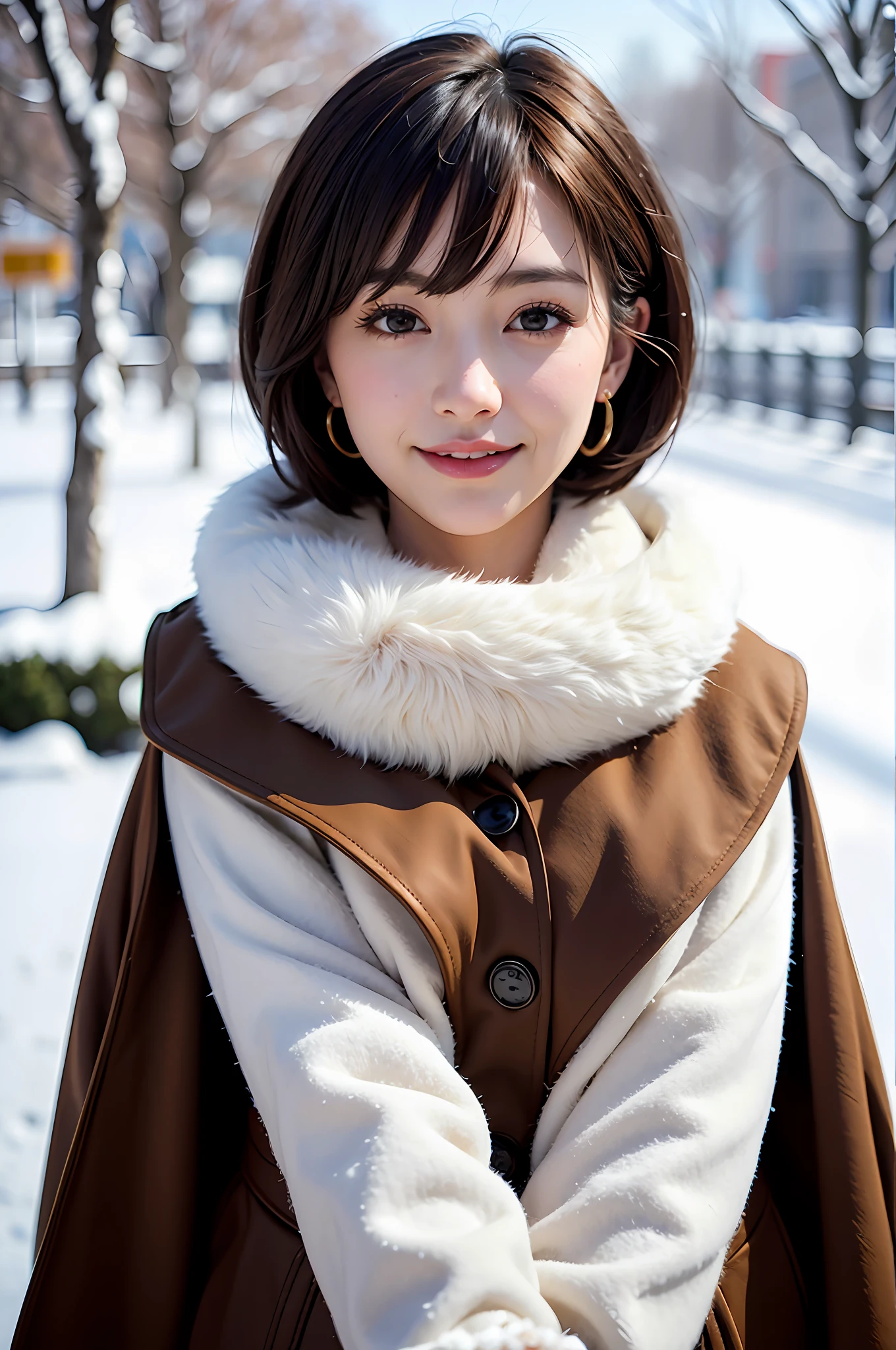 1 girl, bare_tree, brown_eyes, brown_hair, building, coat, cross_earrings, earrings, fur, fur trimmed_coat, fur_collar, fur_scarf, fur_trim, jewelry, lips, shorthair, looking_at_viewer, outdoors, snow, snow, solo, tree, upper_body, Winter, winter_clothes, detailed_eyes, Big breasts, arms close together, Chest to camera, Big, Ears out, Golden ratio face, Golden ratio body, Top quality, Ultra high definition, Bangs, Thick bangs, Highlights in the eyes, Mouth closed, Happy smile Short bob hair, Short hair, Short and beautiful hair, Big eyes, Clear double eyelids